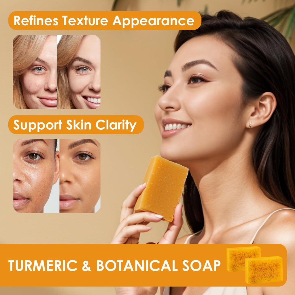 QVKZL Turmeric Wash and Care Kit – Face Wash with Brush, Exfoliating Pads, Turmeric Oil & Soap Bars