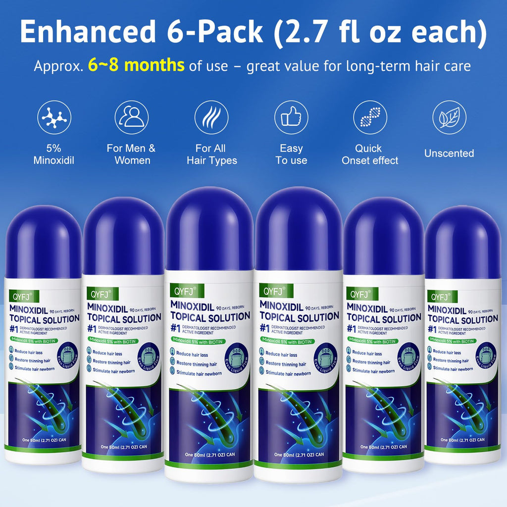 QYFJ 6 Pack 5% Minoxidil for Hair & Beard with Biotin — 8-Month Supply