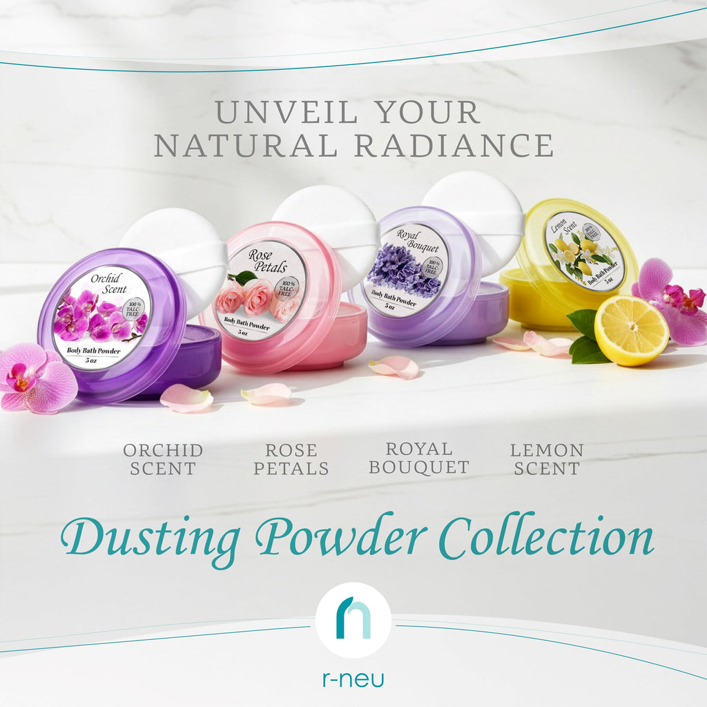 R-NEU Body Powder for Women with Puff — 100% Talc-Free, Luminous Lemon Scent, 2-Pack, 5oz Each