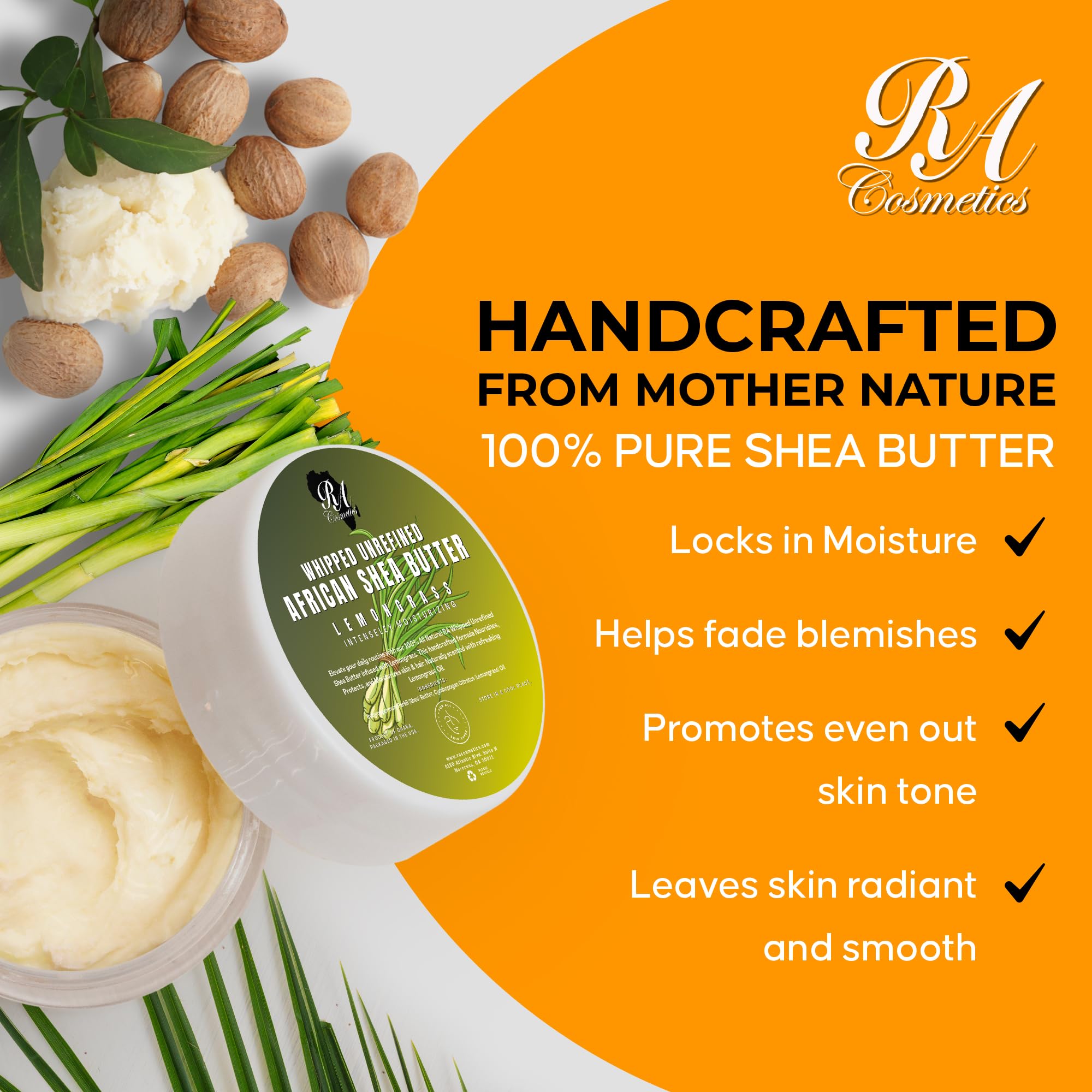 RA COSMETICS Whipped Shea Butter with Lemongrass – 100% Unrefined Ghana Sheabutter