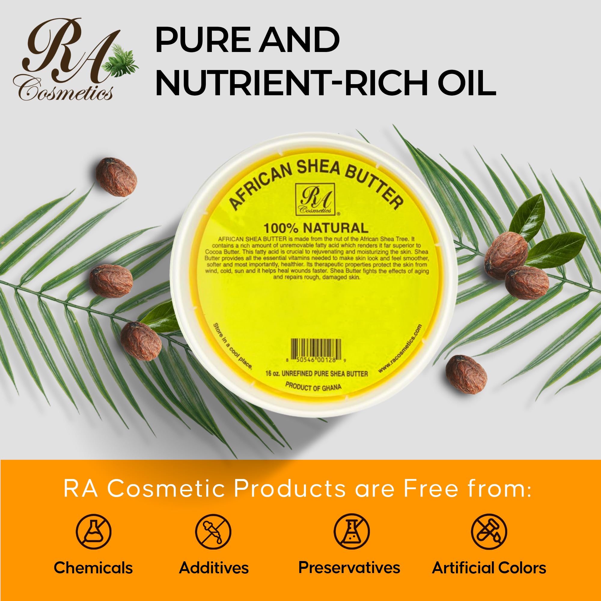 RA Cosmetics 100% Pure African Shea Butter – Golden, Unrefined, 16 oz Jar for Skin & Hair