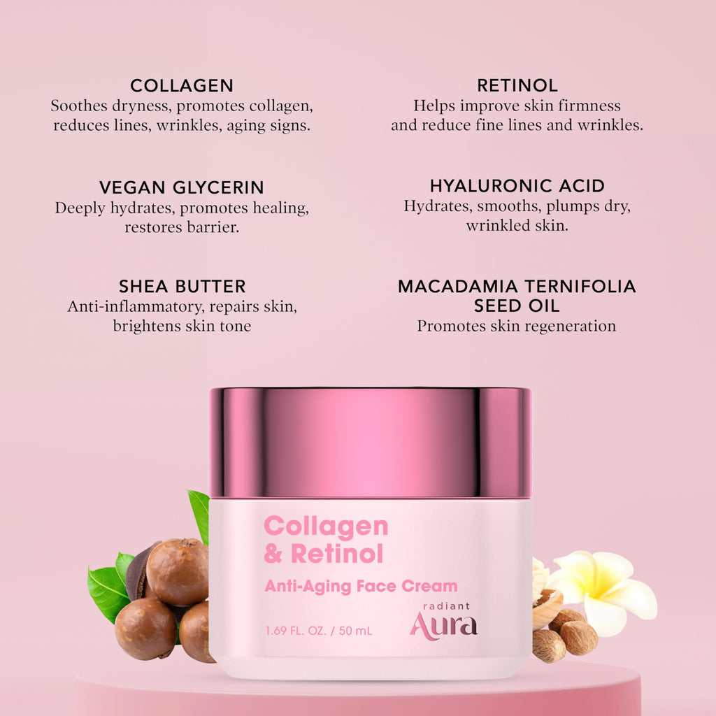 Radiant Aura Collagen & Retinol Face Cream – Vegan Korean Skincare for Firming & Hydration