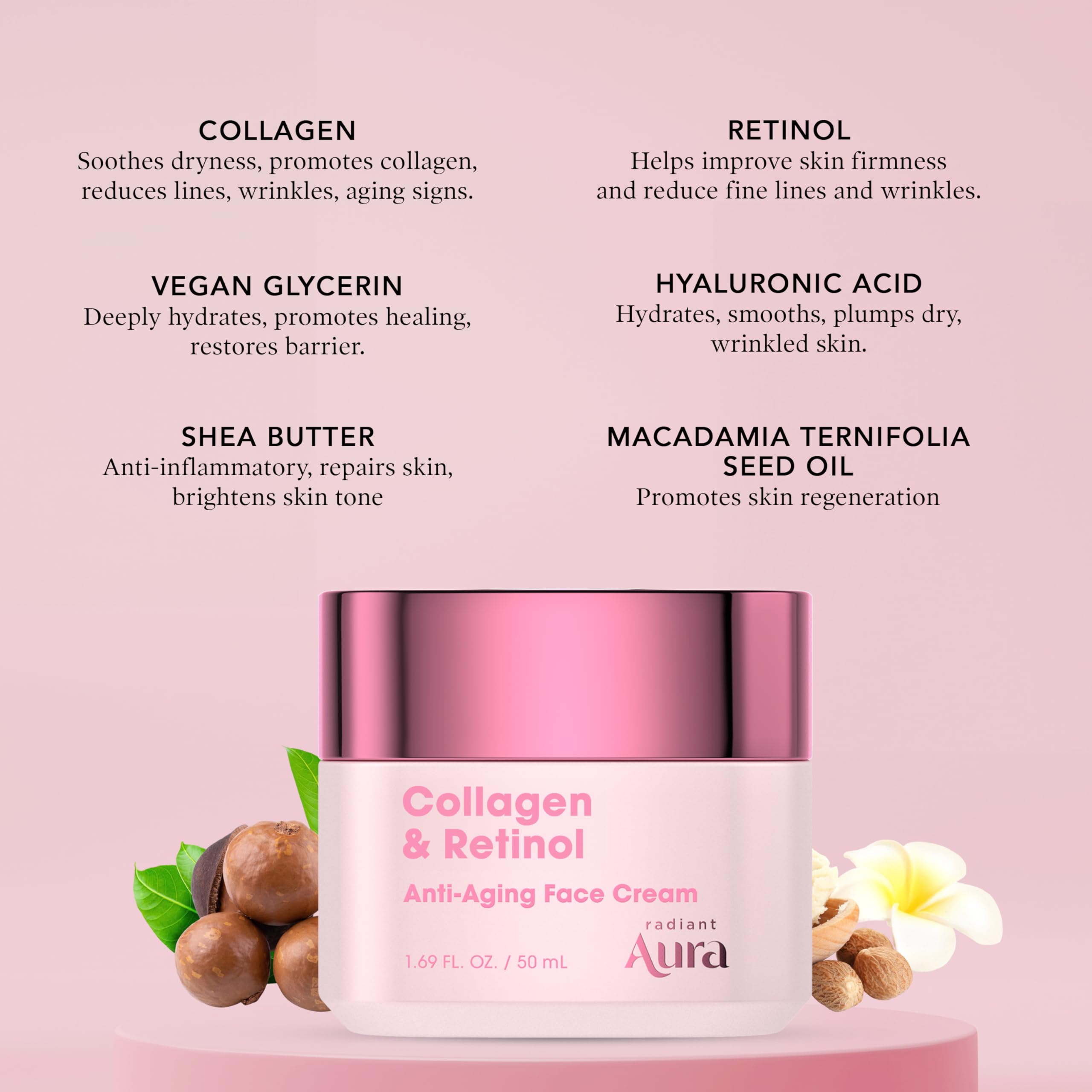 Radiant Aura Collagen & Retinol Face Cream – Vegan Korean Skincare for Firming & Hydration