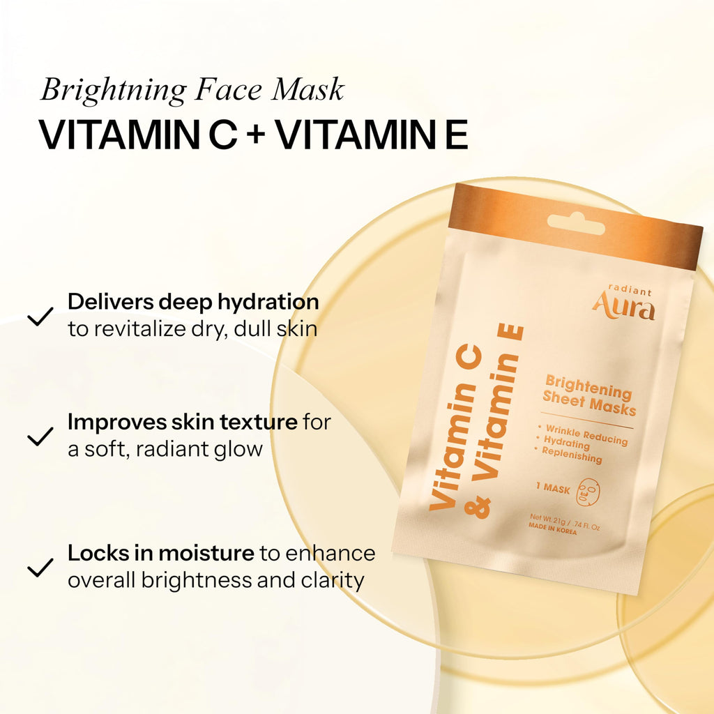 Radiant Aura Vitamin E & Vitamin C Sheet Mask – Dermatologist Tested, Deep Hydration, Korean Skincare