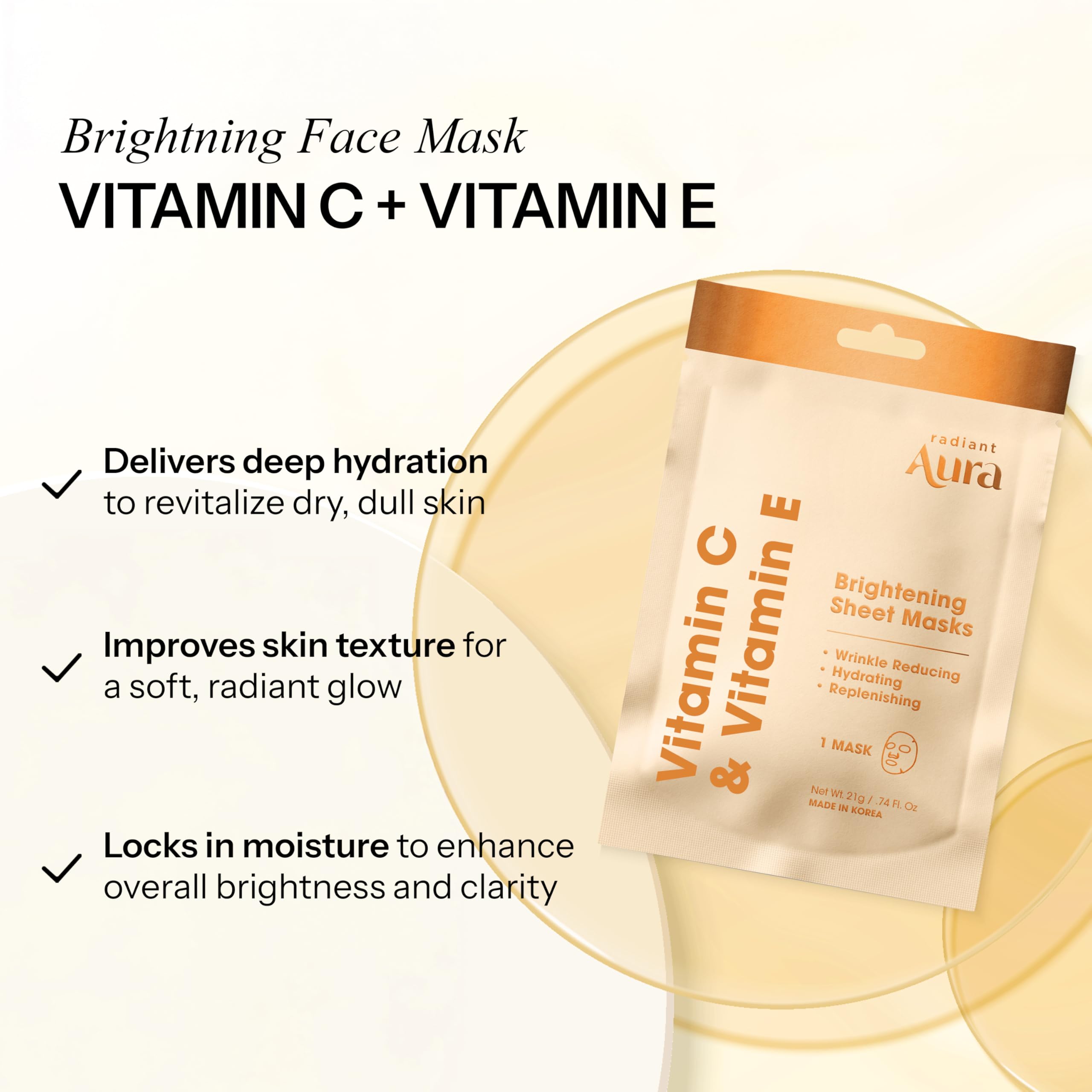 Radiant Aura Vitamin E & Vitamin C Sheet Mask – Dermatologist Tested, Deep Hydration, Korean Skincare