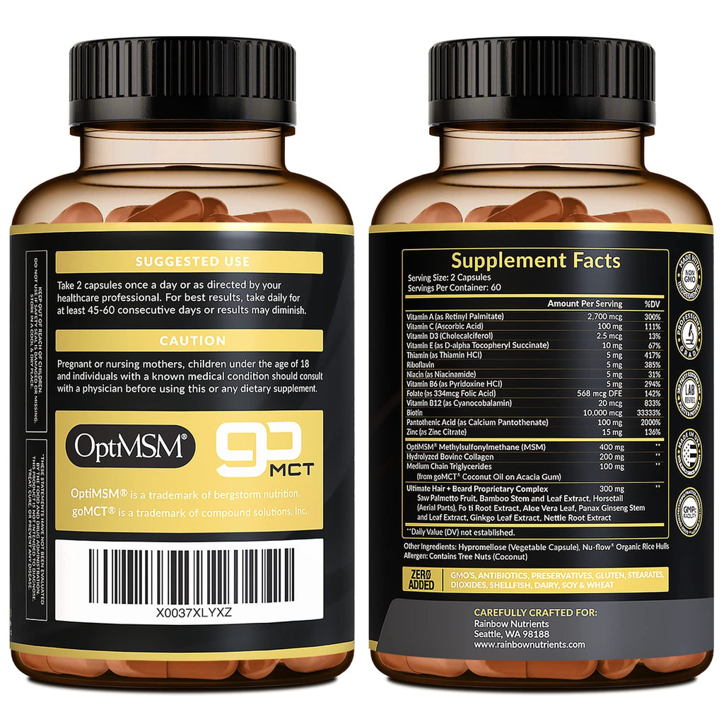 Rainbow Nutrients Hair + Beard Growth Vitamins for Men – Biotin 10,000 mcg, Collagen, Patented OptiMSM®, goMCT®, Saw Palmetto | 60 Day Supply