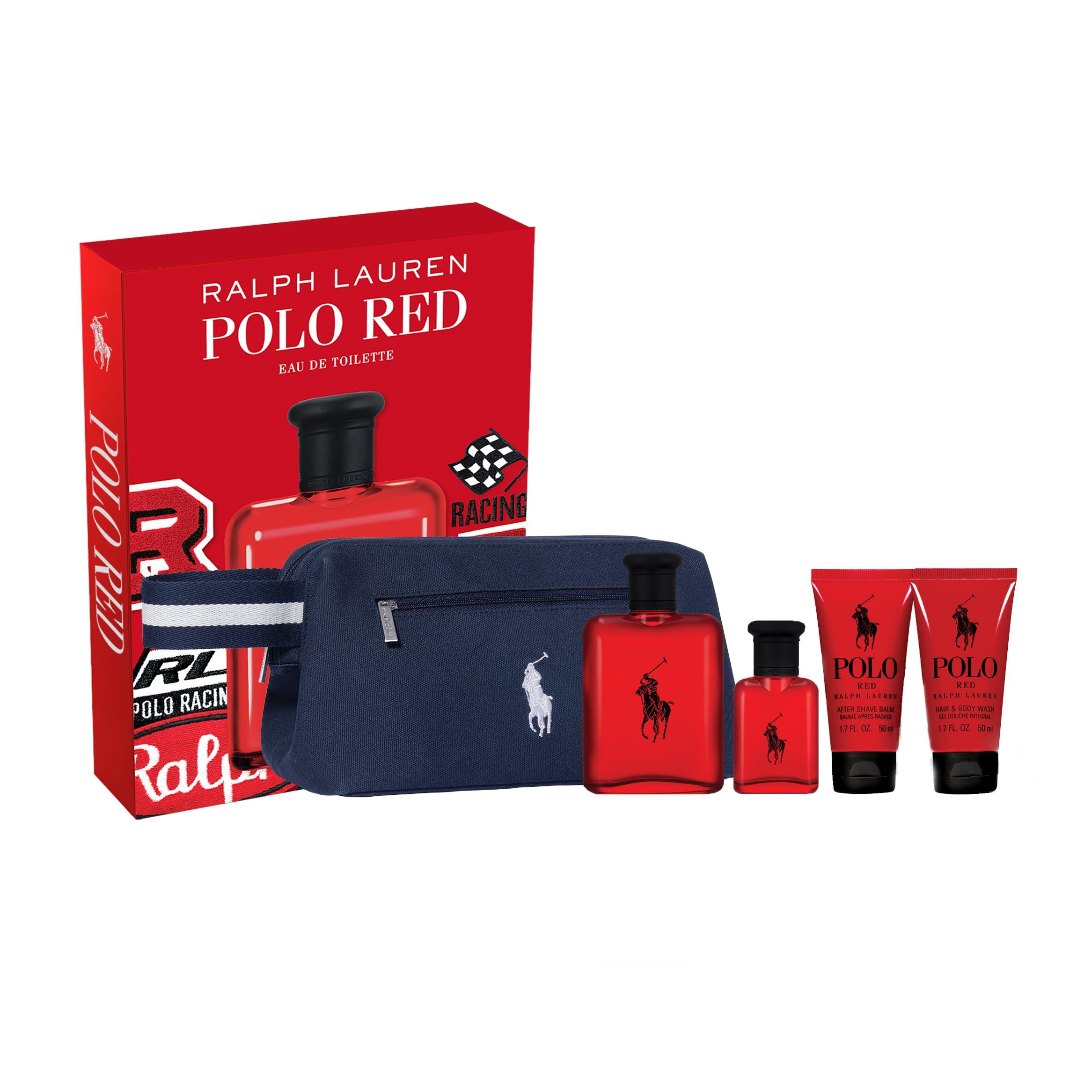 Ralph Lauren Fragrances Polo Red EDT Set for Men - Woody & Spicy with Grapefruit & Redwood | Full Size + Travel Size + Grooming Essentials