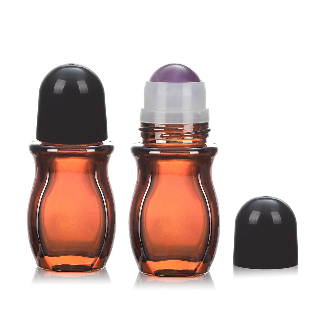 RAMFIYN 2-Pack 1oz Amber Glass Roll-On Bottles with Purple Quartz Roller Ball – Refillable
