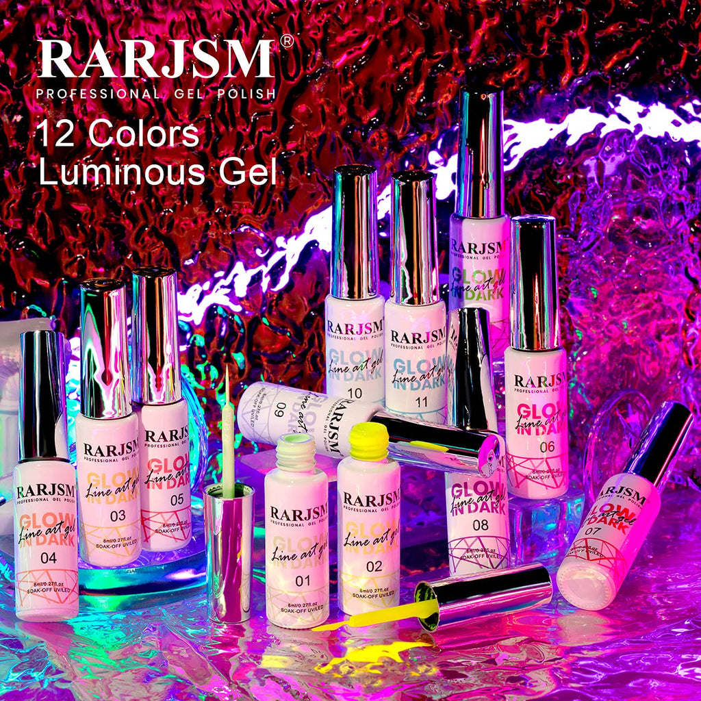 RARJSM Nail Art Gel Set — Glow-in-the-Dark Neon Polish + Liner Pen for At-Home Nail Art