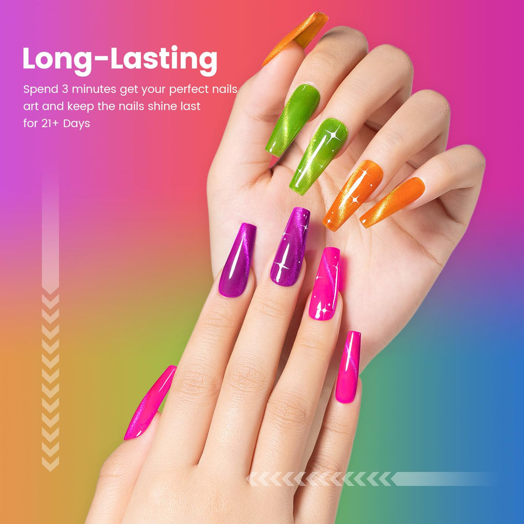 RARJSM 9D Neon Cat Eye Gel Nail Polish Set – 6 Colors, Silver Glitter, Magnetic Cat Eye Effect