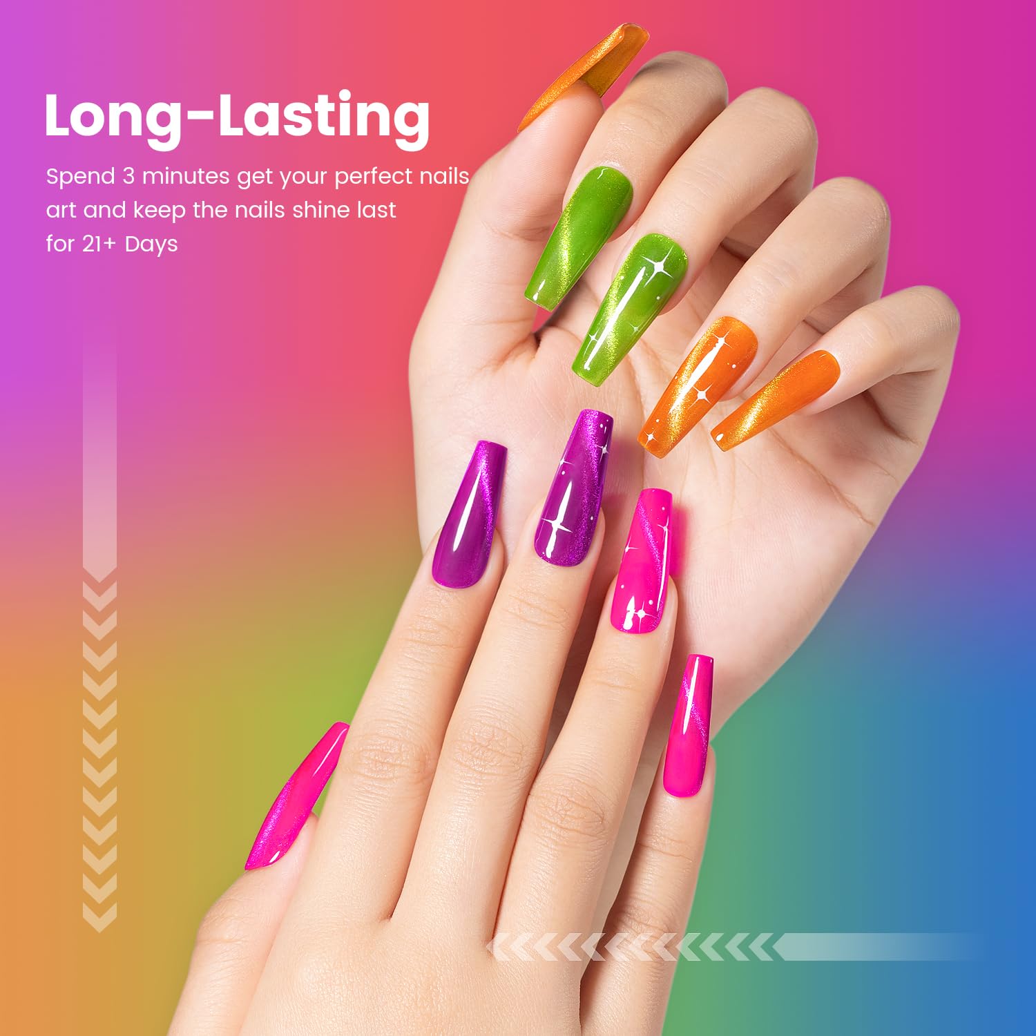 RARJSM 9D Neon Cat Eye Gel Nail Polish Set – 6 Colors, Silver Glitter, Magnetic Cat Eye Effect