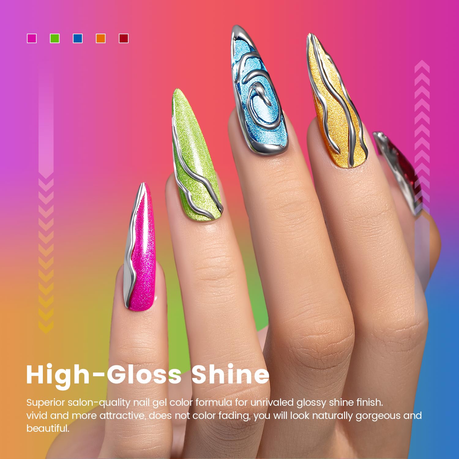 RARJSM 9D Neon Cat Eye Gel Nail Polish Set – 6 Colors, Silver Glitter, Magnetic Cat Eye Effect