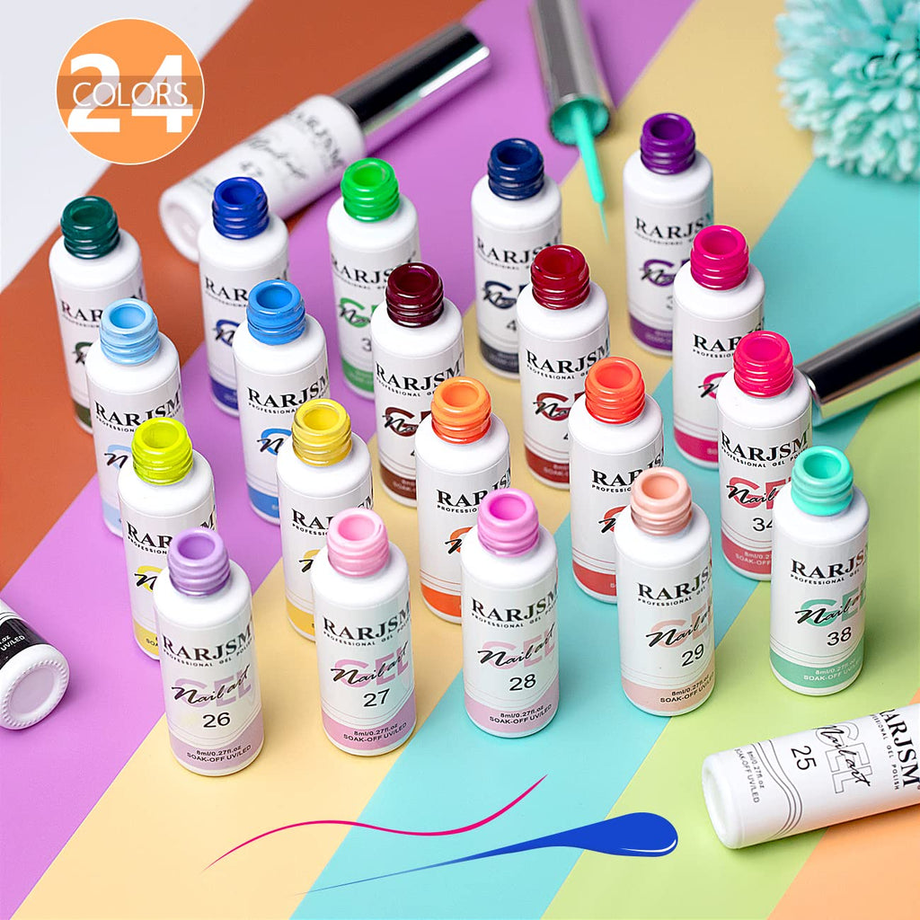 RARJSM Nail Art Gel Liner 24-Color Set – Built-In Brush, 8ml Each, Soak-Off UV/LED