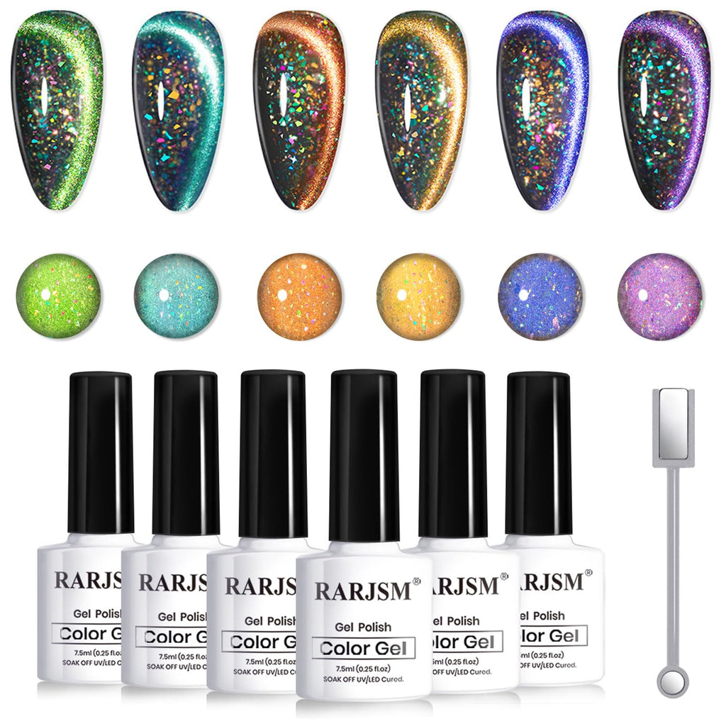 RARJSM Cat Eye Gel Nail Polish Set 6pc – 9D Rainbow Peacock Flakes, Magnetic Stick, UV/LED Cure