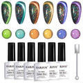 RARJSM Cat Eye Gel Nail Polish Set 6pc – 9D Rainbow Peacock Flakes, Magnetic Stick, UV/LED Cure
