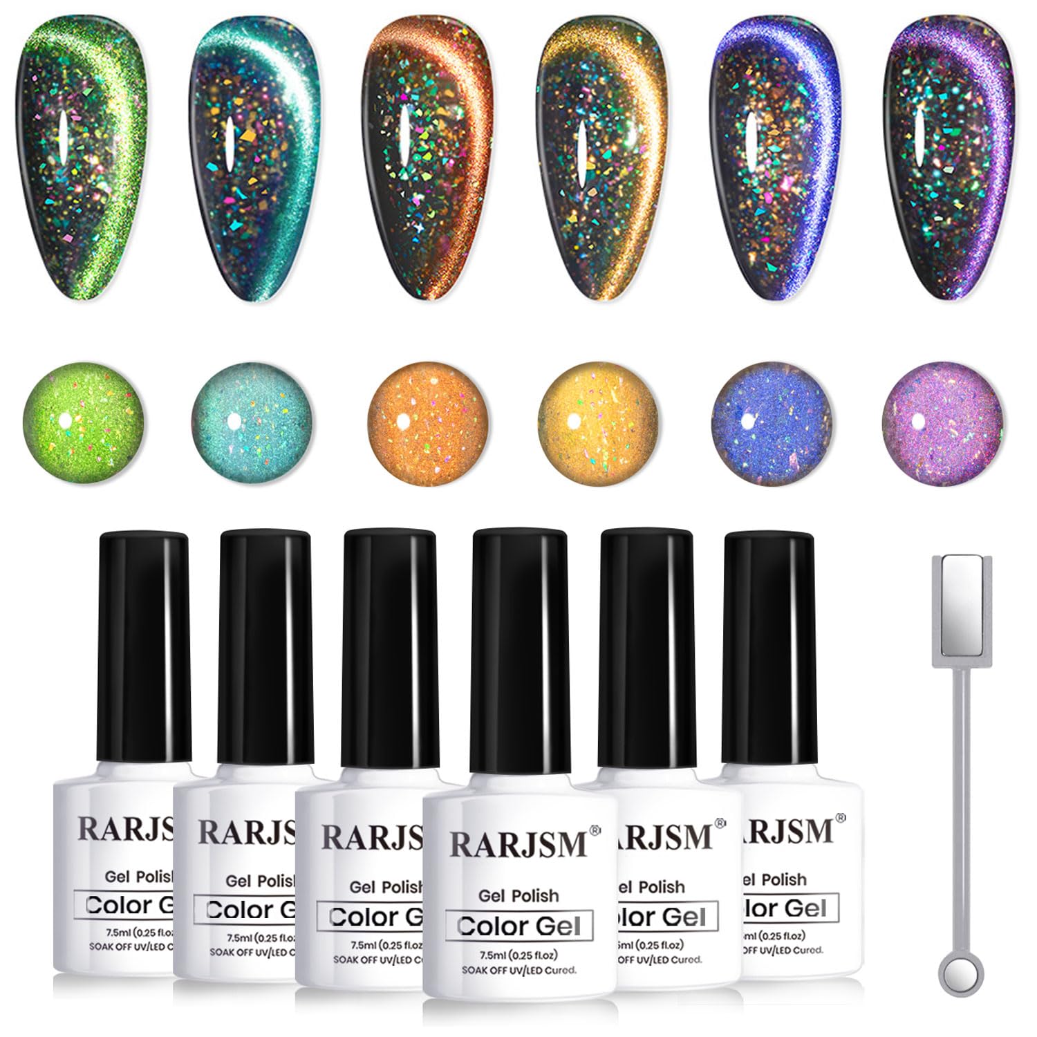 RARJSM Cat Eye Gel Nail Polish Set 6pc – 9D Rainbow Peacock Flakes, Magnetic Stick, UV/LED Cure