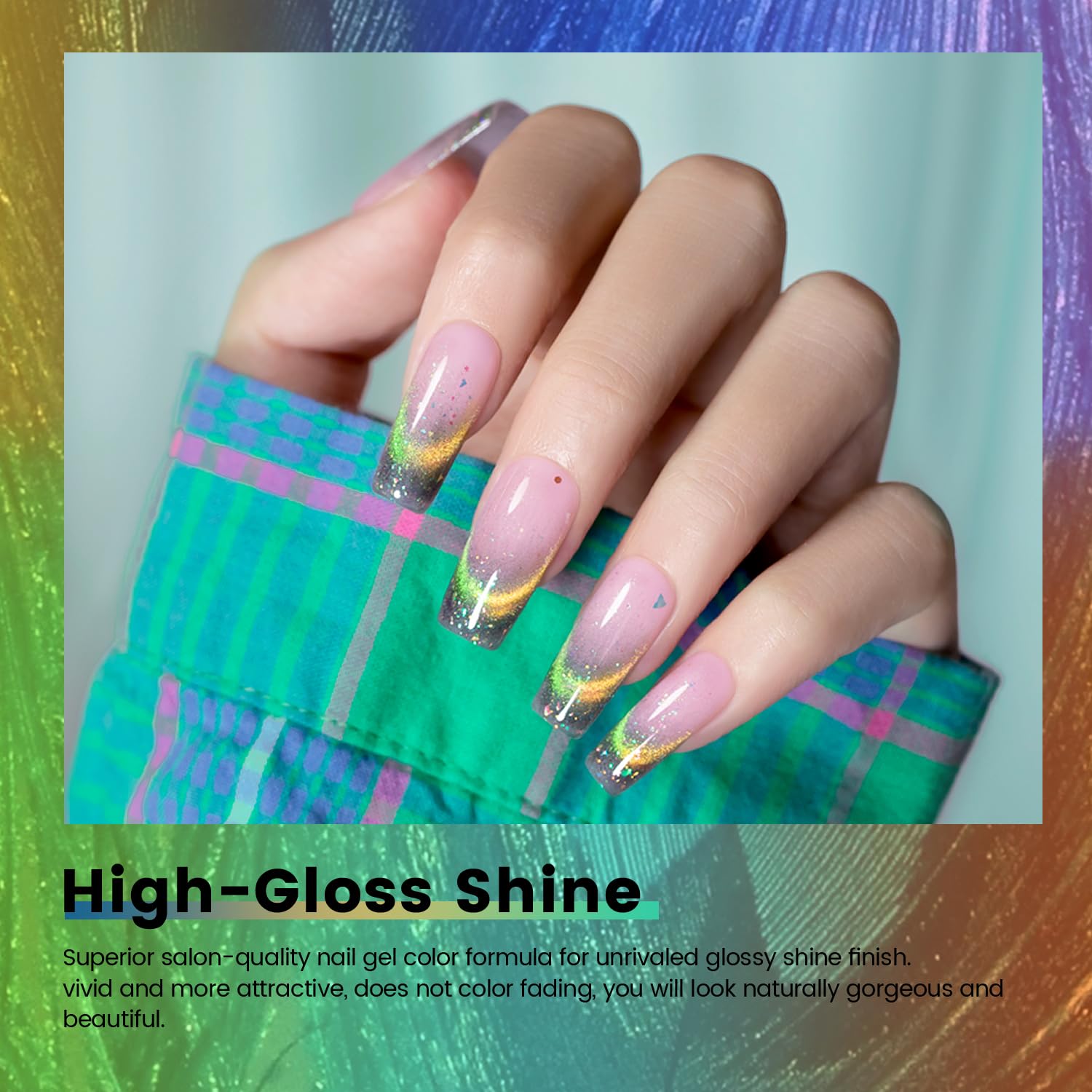 RARJSM Cat Eye Gel Nail Polish Set 6pc – 9D Rainbow Peacock Flakes, Magnetic Stick, UV/LED Cure