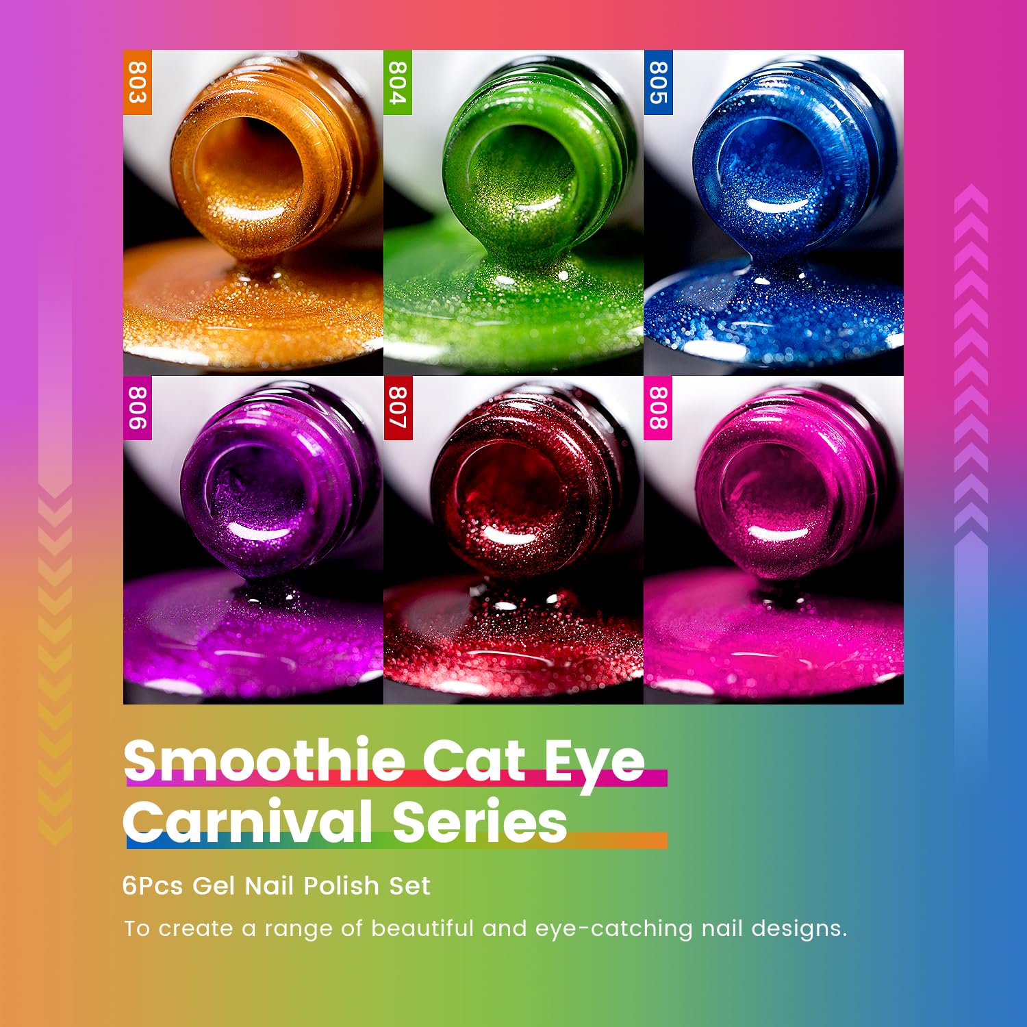 RARJSM 9D Neon Cat Eye Gel Nail Polish Set – 6 Colors, Silver Glitter, Magnetic Cat Eye Effect