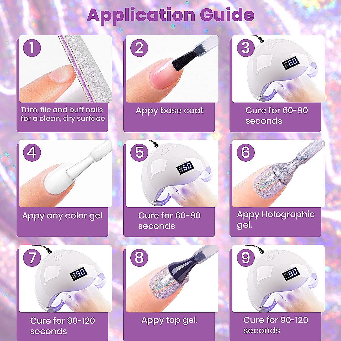 RARJSM Holographic Nail Polish Set — 6 Color Gel Kit (7.5ml each): Silver, Gold, Violet, Purple, Olive Green, Rose Gold