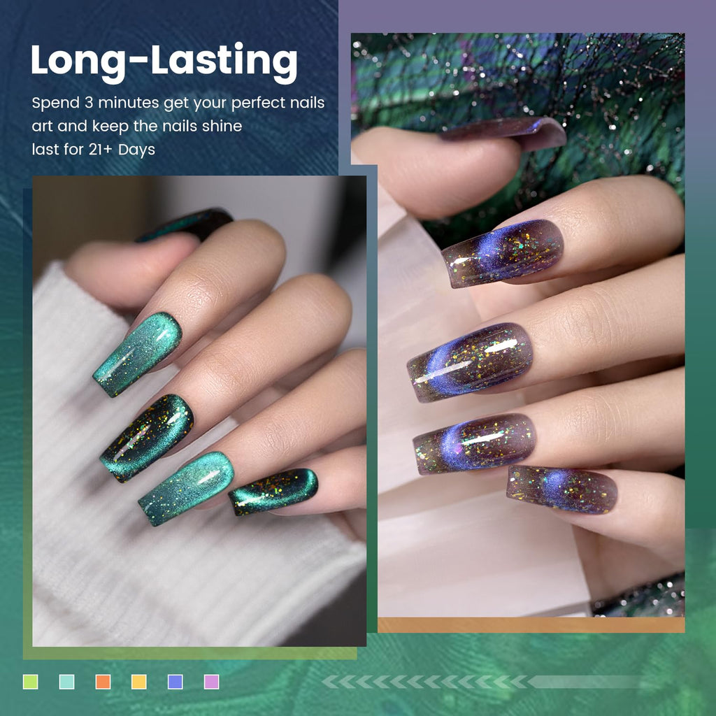 RARJSM Cat Eye Gel Nail Polish Set 6pc – 9D Rainbow Peacock Flakes, Magnetic Stick, UV/LED Cure