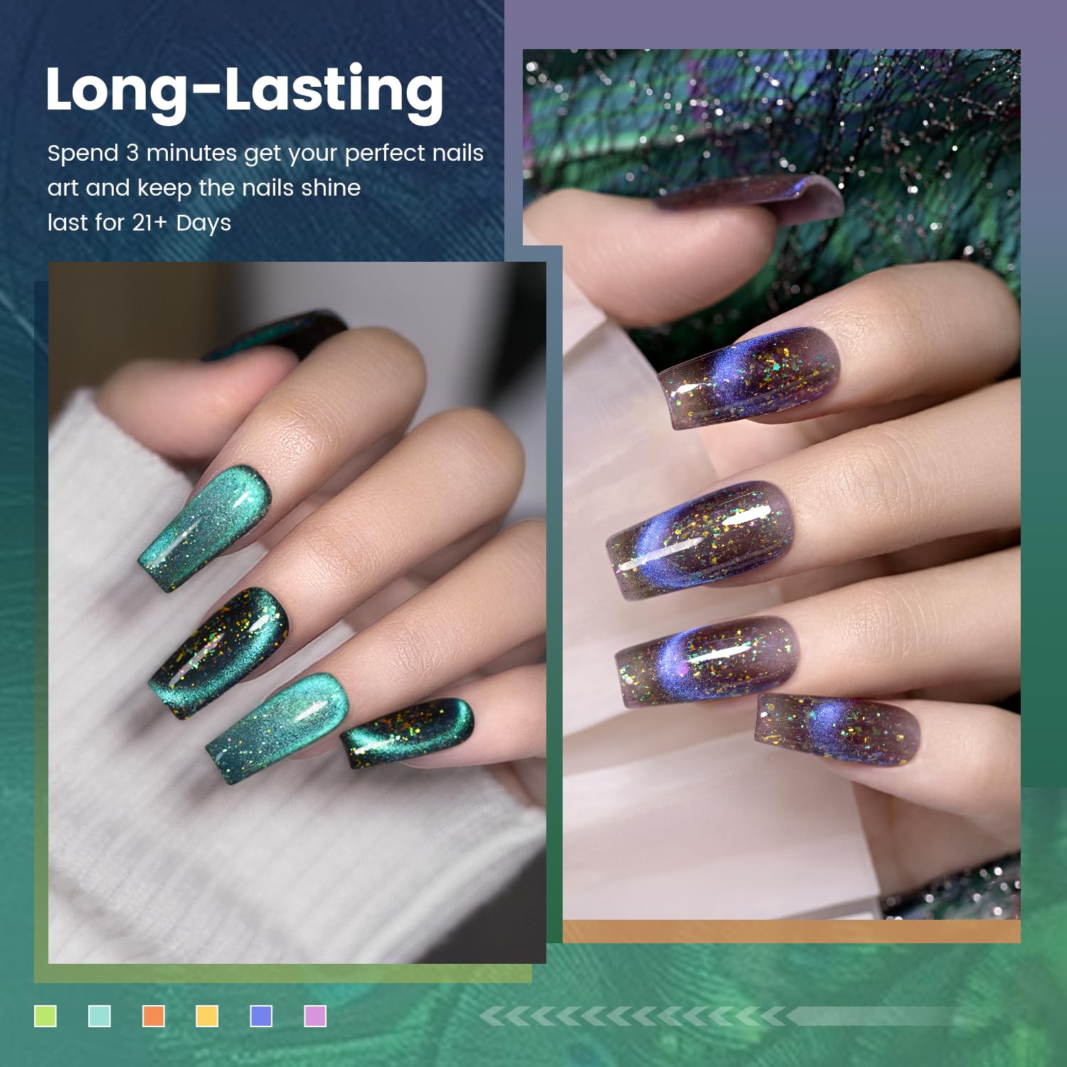 RARJSM Cat Eye Gel Nail Polish Set 6pc – 9D Rainbow Peacock Flakes, Magnetic Stick, UV/LED Cure
