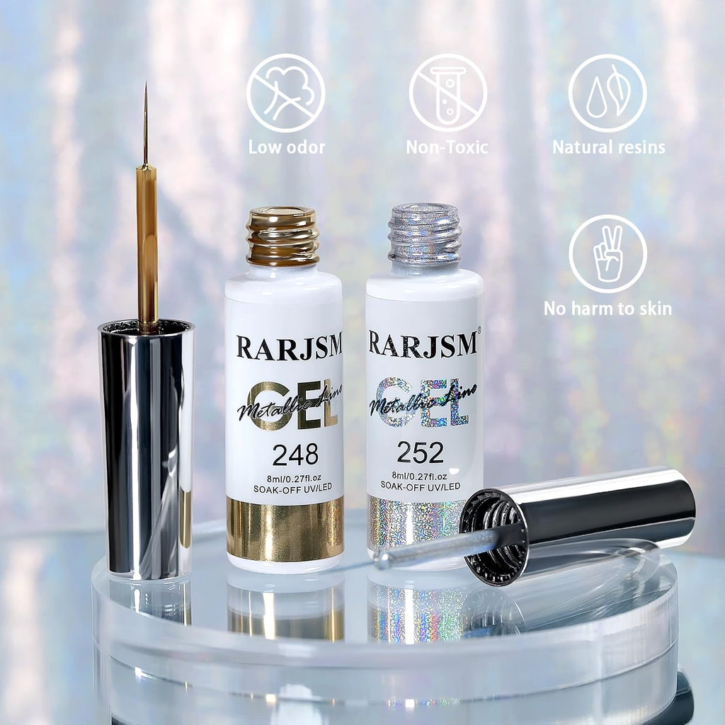 RARJSM Metallic Chrome Gel Liner - Silver & Bronze Gold (2-Piece, 8ml) | Nail Art Gel Polish