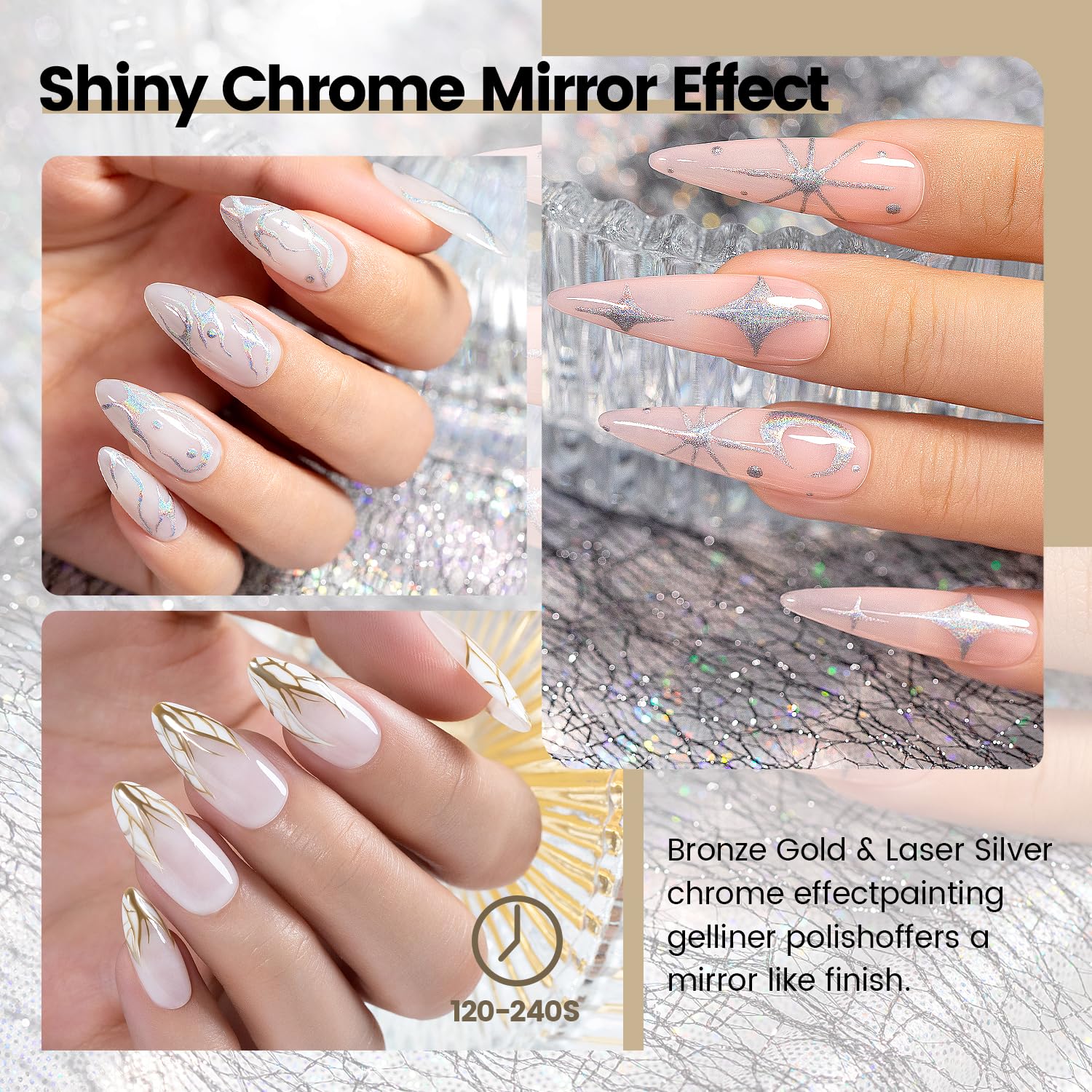 RARJSM Metallic Chrome Gel Liner - Silver & Bronze Gold (2-Piece, 8ml) | Nail Art Gel Polish