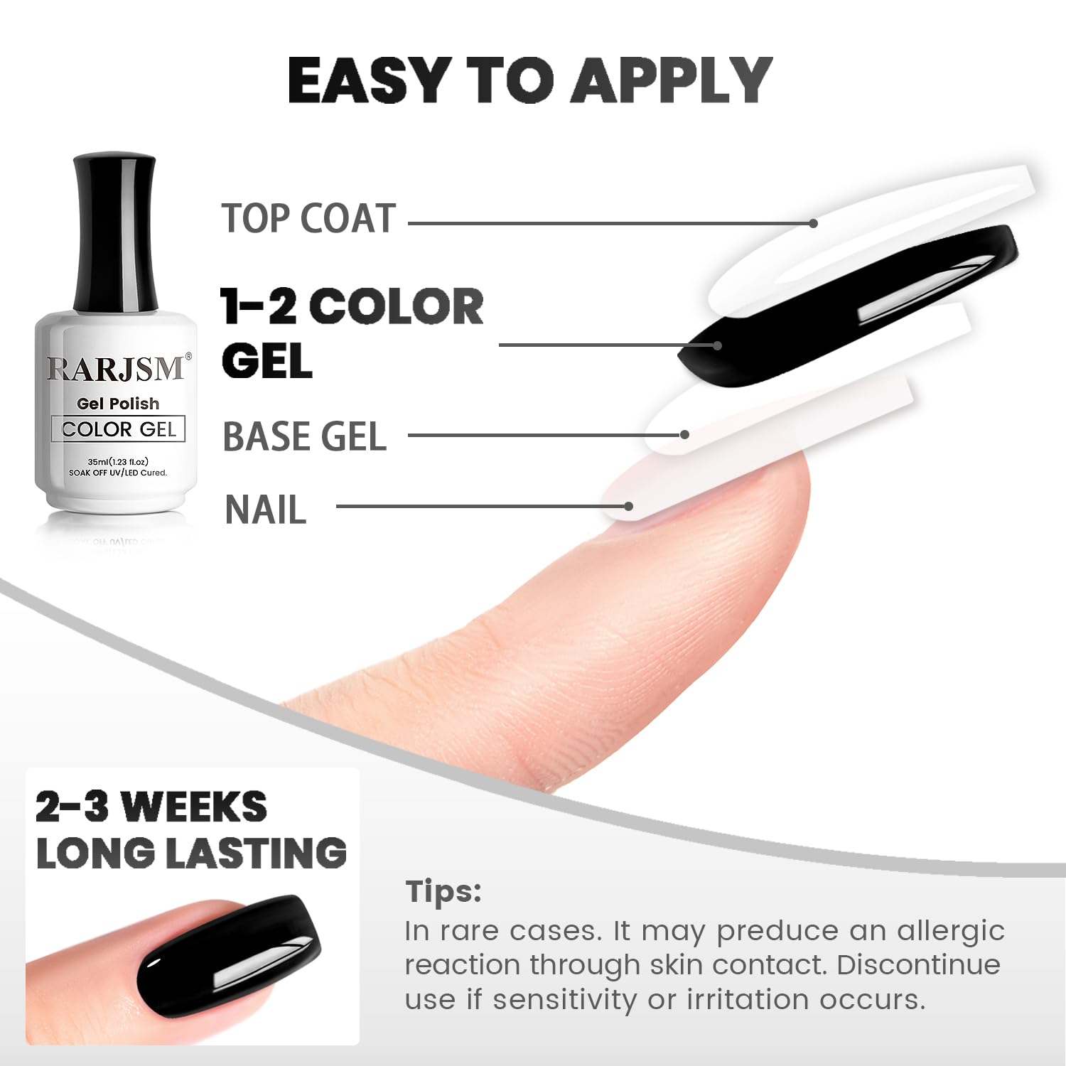 RARJSM Black Gel Nail Polish – No HEMA, 35ml, One-Step UV/LED Cure