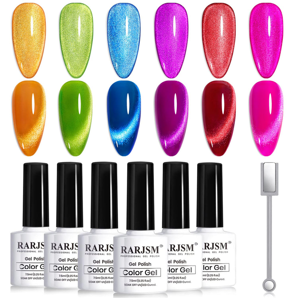 RARJSM 9D Neon Cat Eye Gel Nail Polish Set – 6 Colors, Silver Glitter, Magnetic Cat Eye Effect
