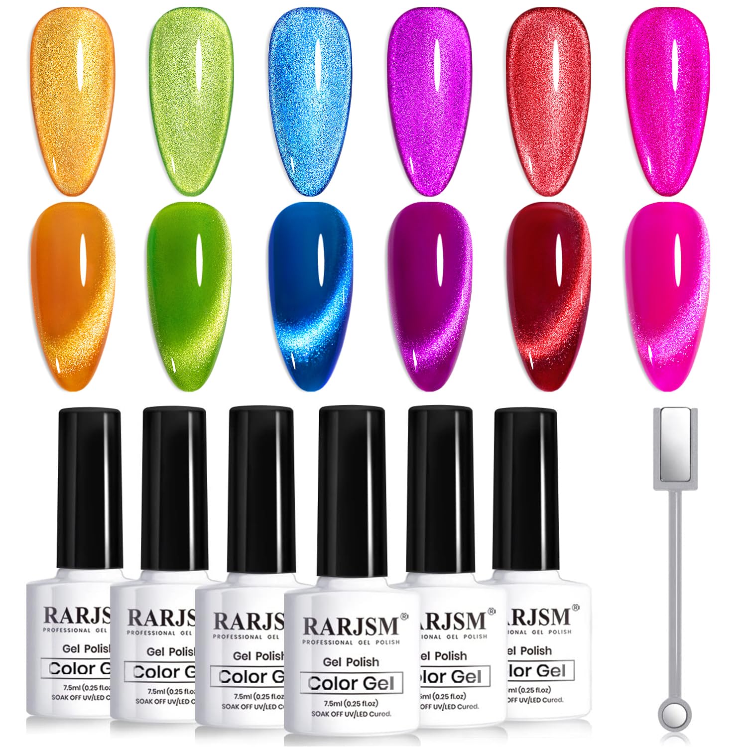 RARJSM 9D Neon Cat Eye Gel Nail Polish Set – 6 Colors, Silver Glitter, Magnetic Cat Eye Effect
