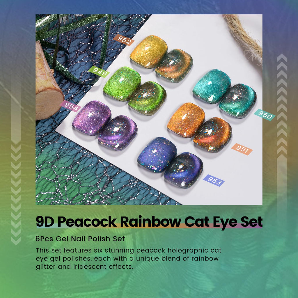 RARJSM Cat Eye Gel Nail Polish Set 6pc – 9D Rainbow Peacock Flakes, Magnetic Stick, UV/LED Cure