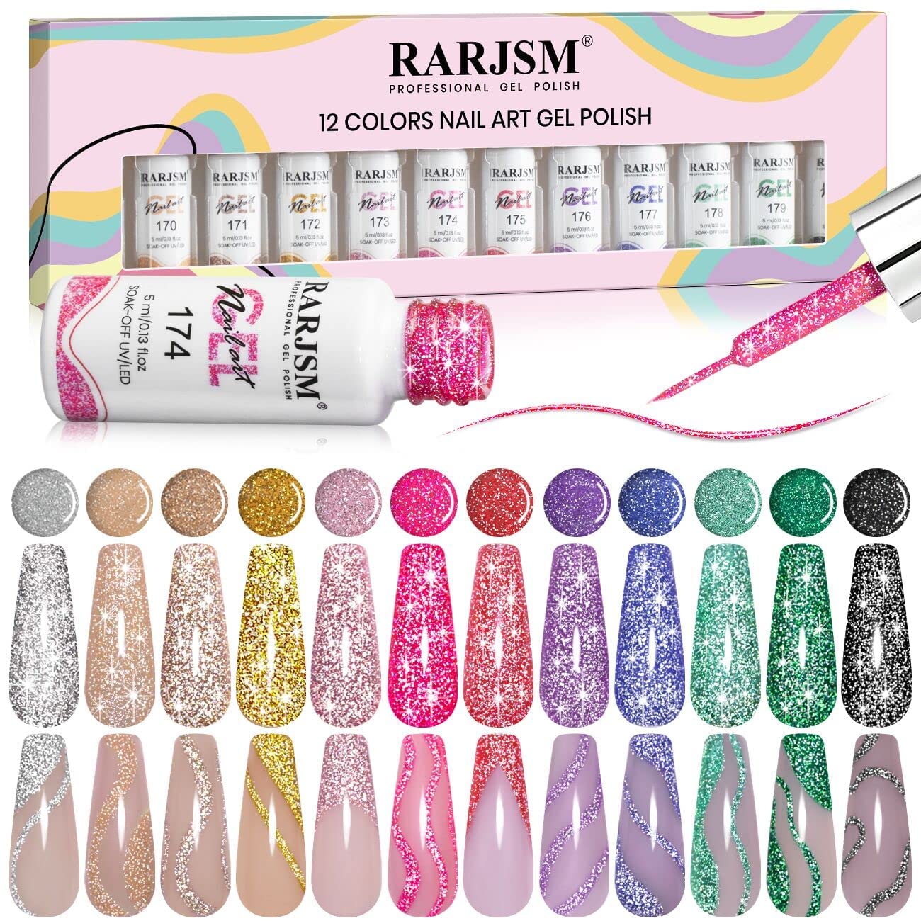 RARJSM Reflective Glitter Nail Art Gel Liner – 12 Colors, Diamond Sparkle, UV/LED Curing