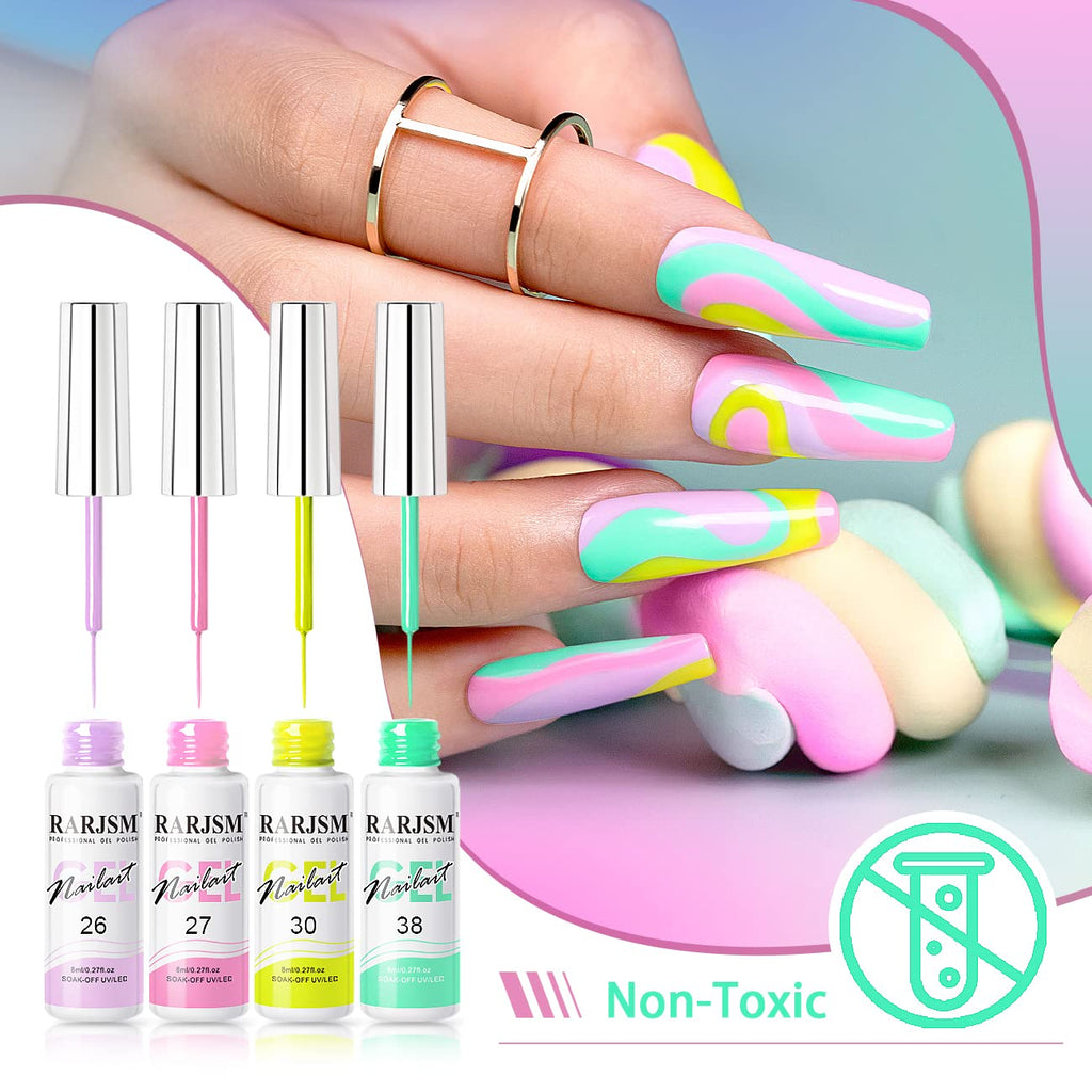 RARJSM Nail Art Gel Liner 24-Color Set – Built-In Brush, 8ml Each, Soak-Off UV/LED