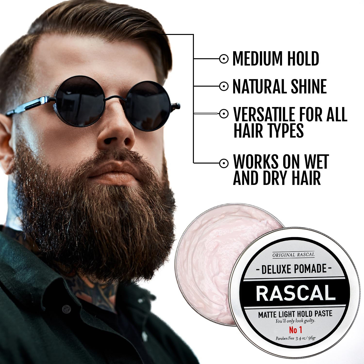 Rascal Men's Original Deluxe Pomade – Matte Finish, Light Hold, Natural Beeswax & Grapeseed Oil | 3.4 oz