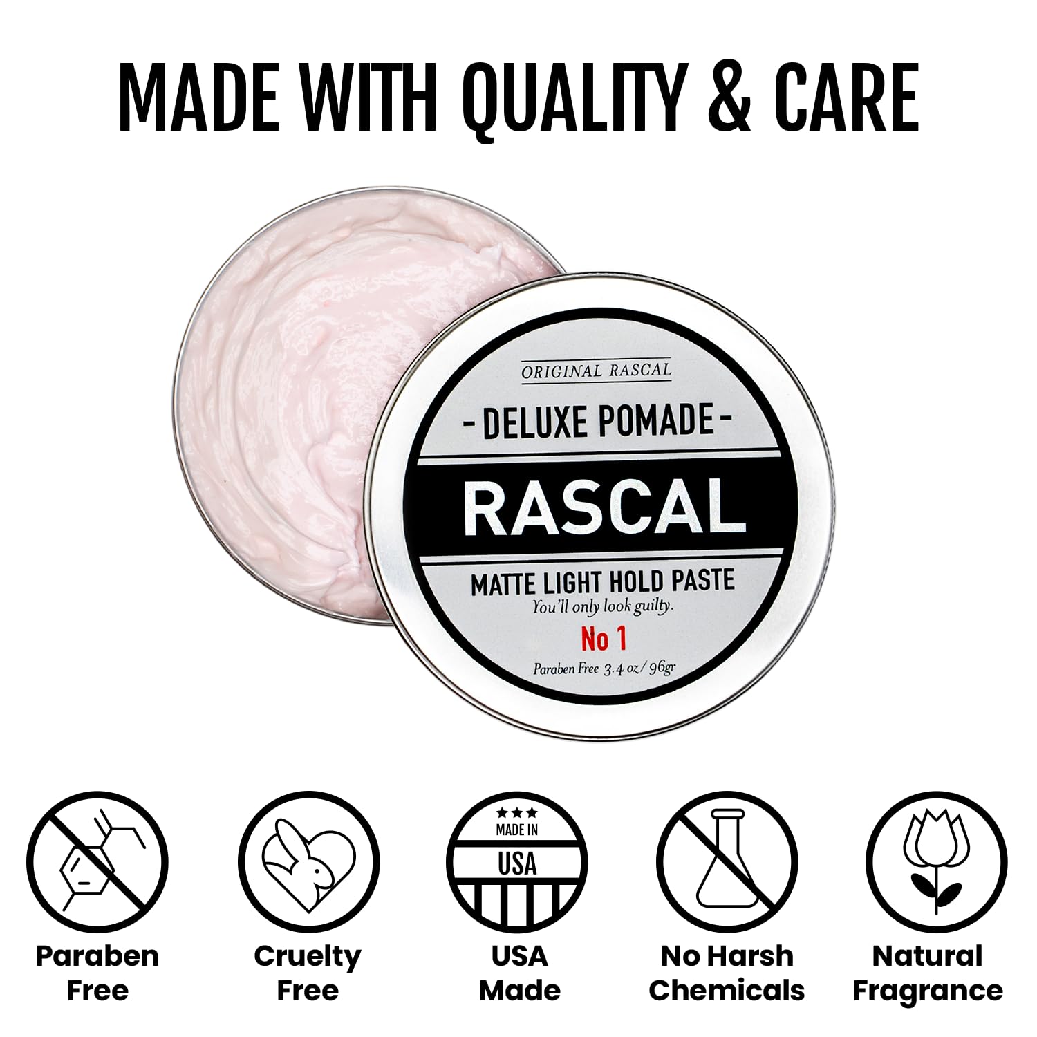 Rascal Men's Original Deluxe Pomade – Matte Finish, Light Hold, Natural Beeswax & Grapeseed Oil | 3.4 oz