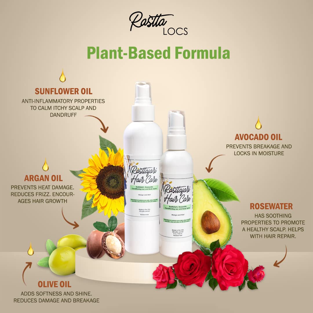 Rasttafari Hair Care Rastta Locs Rosewater & Mint Conditioning Spray – 4oz (Organic, Vegan)