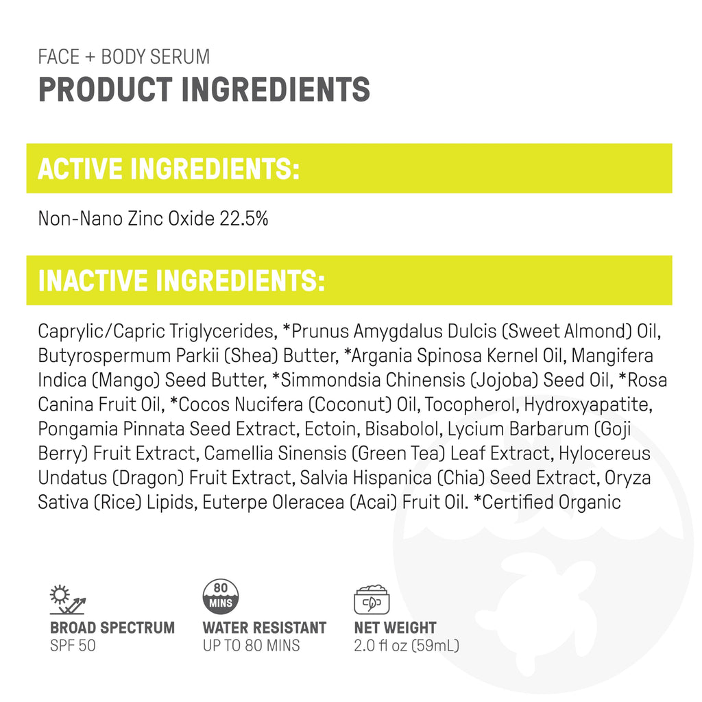 Raw Elements Face and Body Serum SPF 50 Mineral Sunscreen – Reef Safe, Water Resistant, Broad Spectrum UVA/UVB (Travel Size 2oz x2)