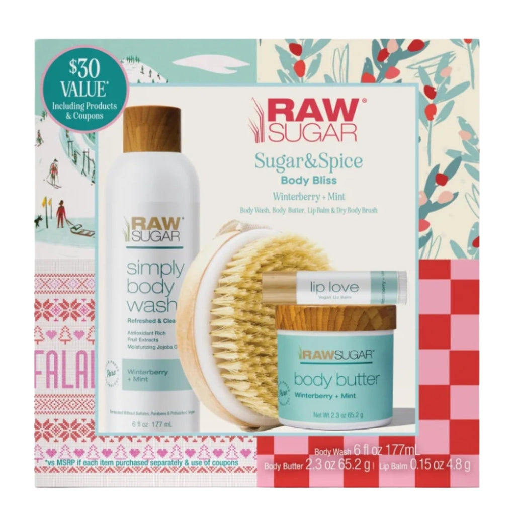 Raw Sugar Body Bliss Gift Set — Winterberry + Mint | Body Wash, Body Butter, Lip Balm & Dry Body Brush