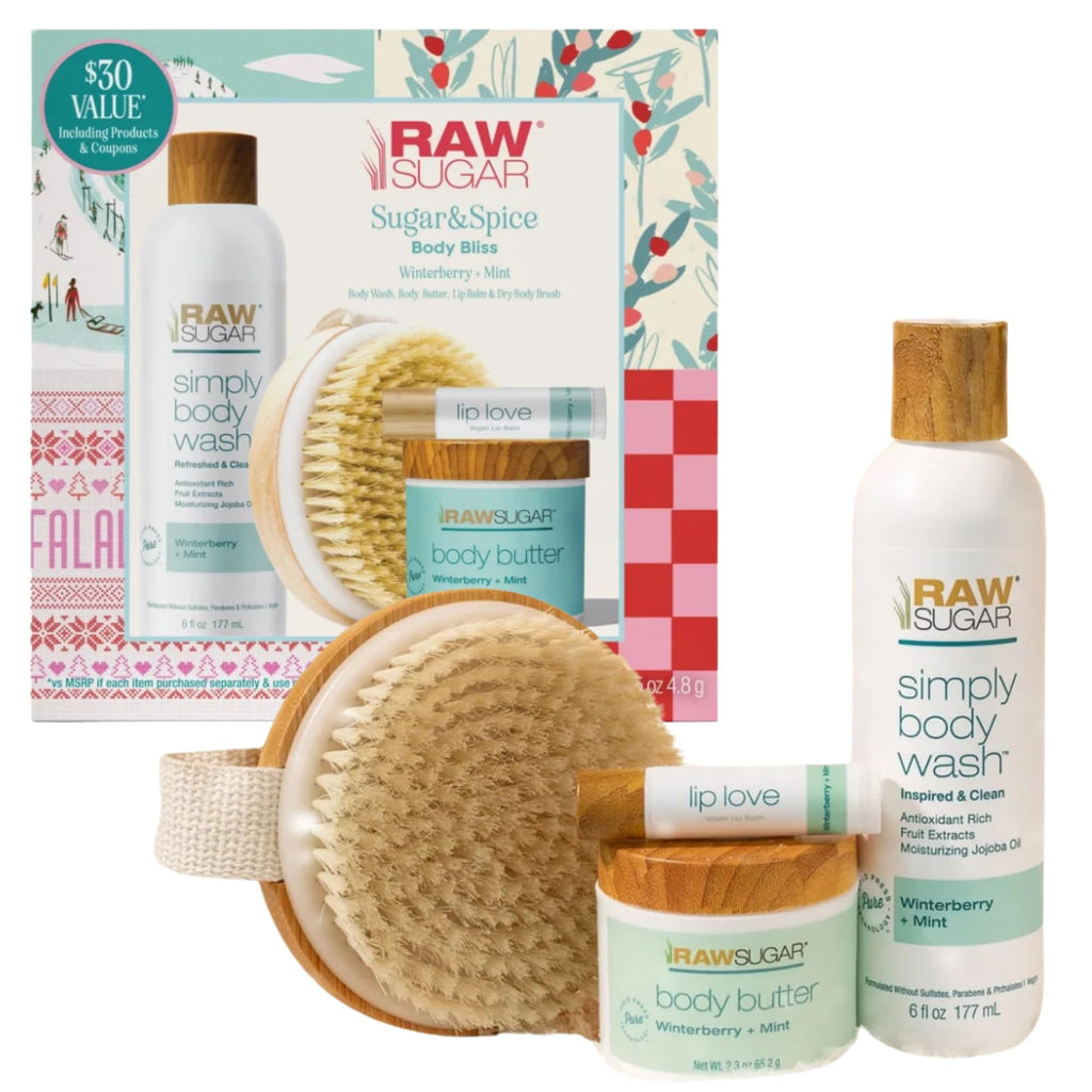 Raw Sugar Body Bliss Gift Set — Winterberry + Mint | Body Wash, Body Butter, Lip Balm & Dry Body Brush
