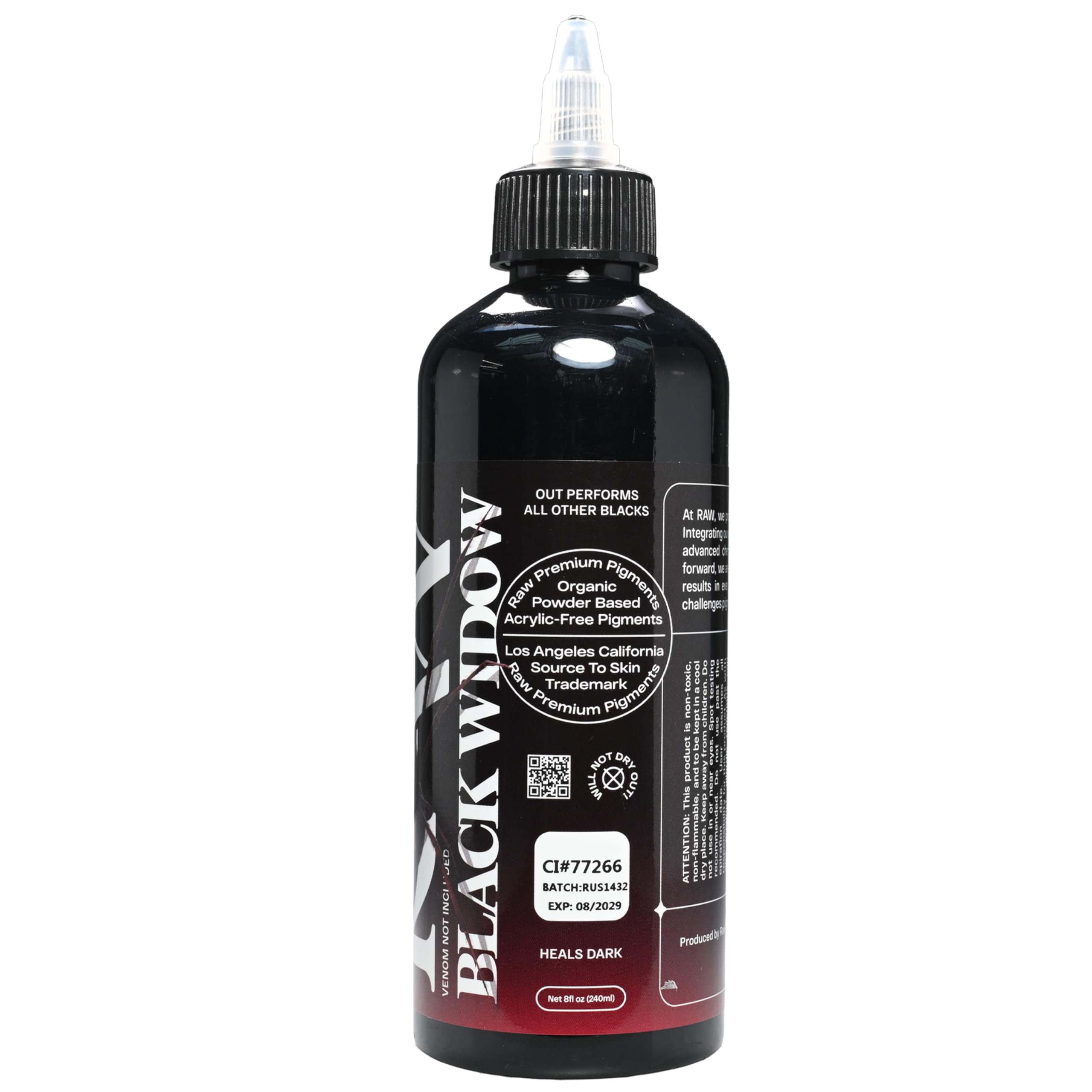Raw Tattoo Ink 8oz Bottle – Black Widow Deep Black, Vegan, Acrylic-Free Premium Pigments