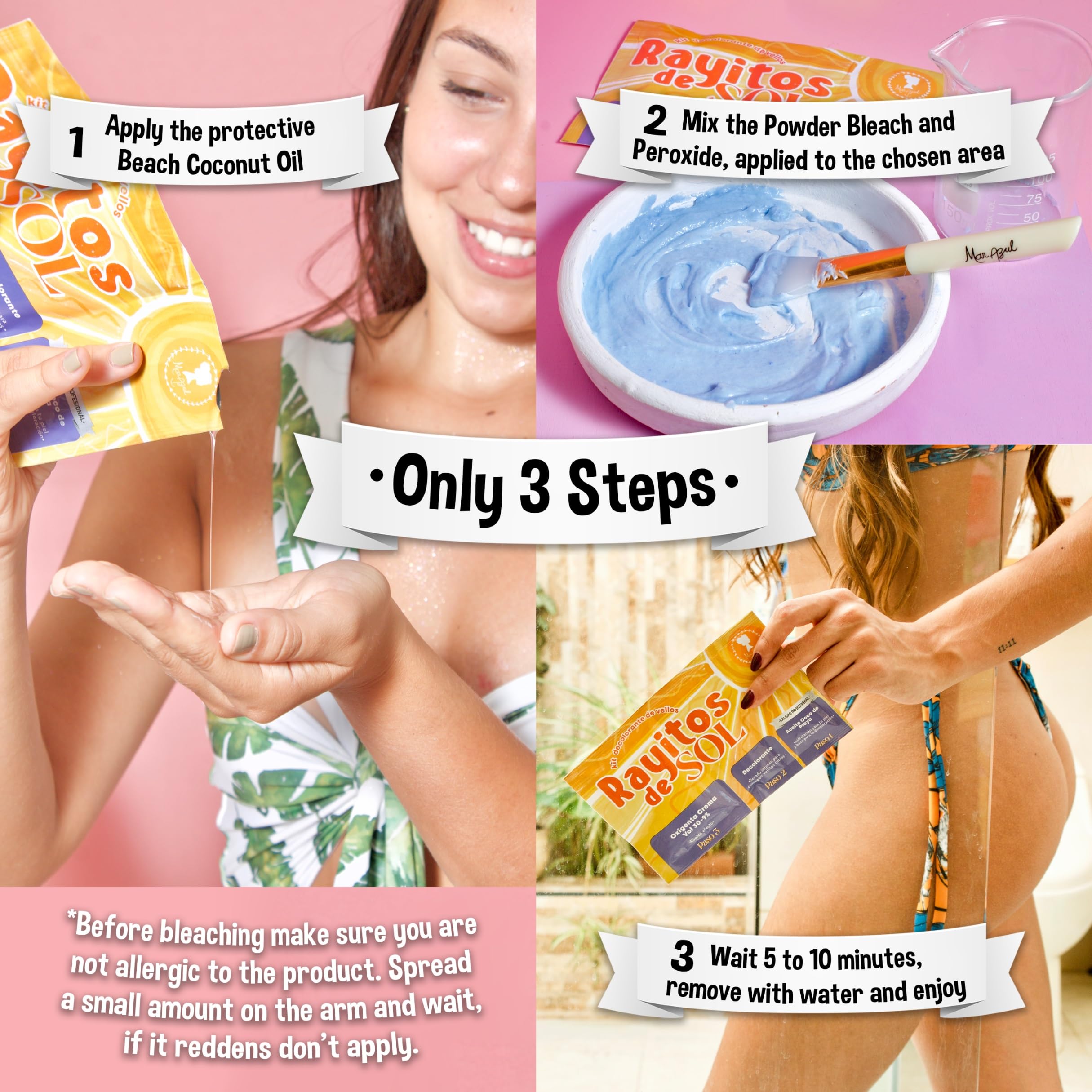 Rayitos de Sol Body Hair Bleach Kit with Coconut Oil | Itch-Free, 8-Week Glow