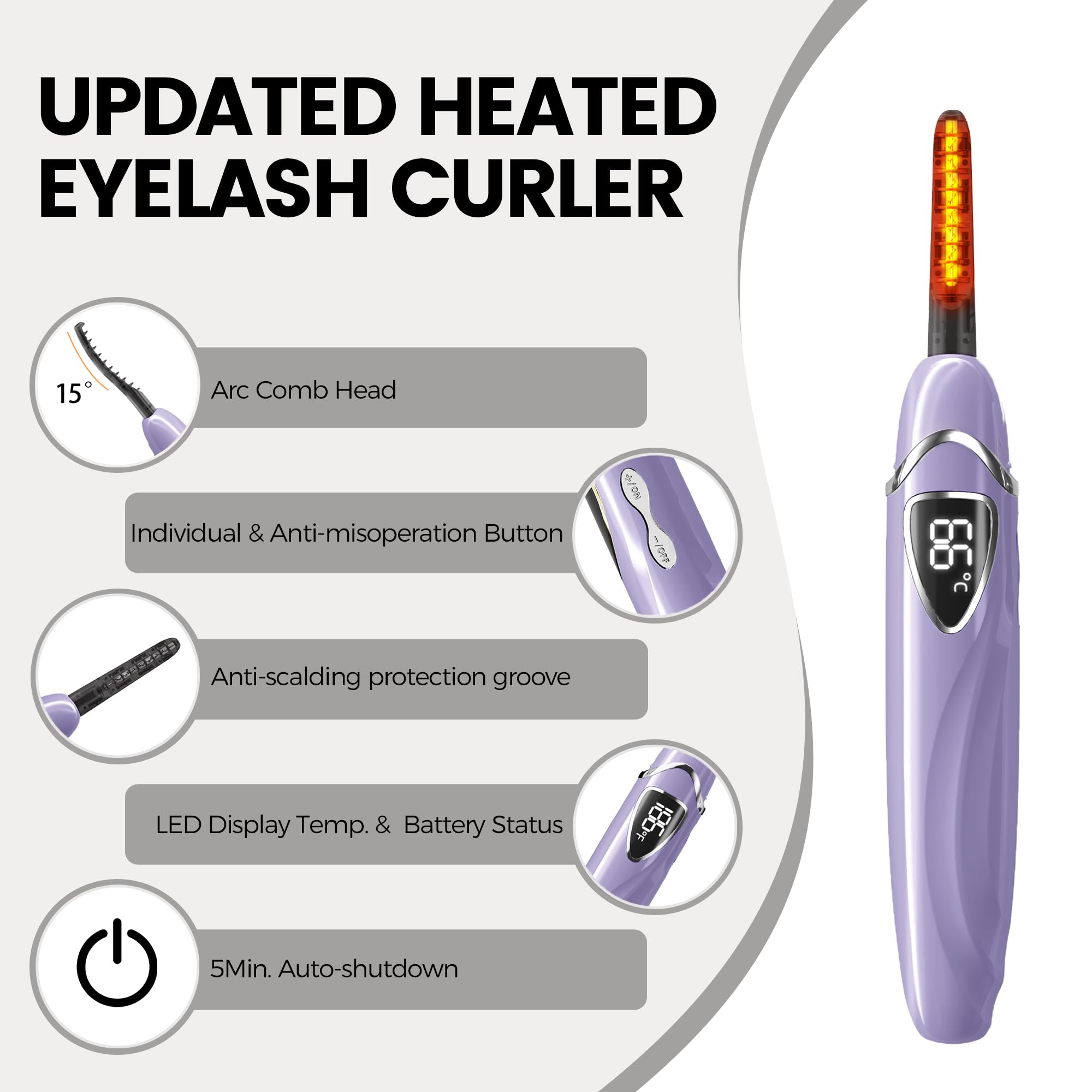 Raysino S600 Heated Eyelash Curler – 8s Fast Heating, 24h Curl, Rechargeable (Lilac/Silver)