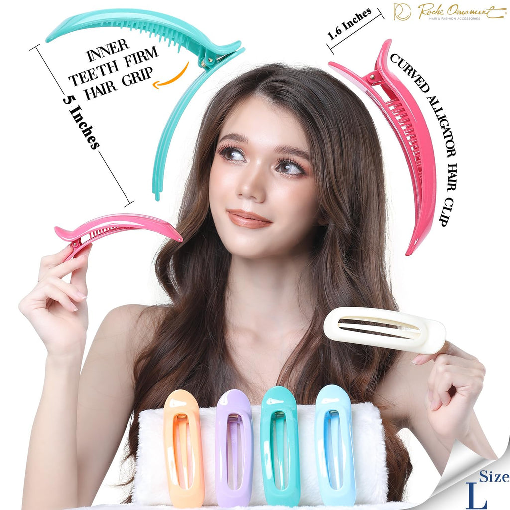 RC ROCHE ORNAMENT 6 Pcs Flat Claw Hair Clips – Non-Slip Alligator Clips, Large Pastel Set