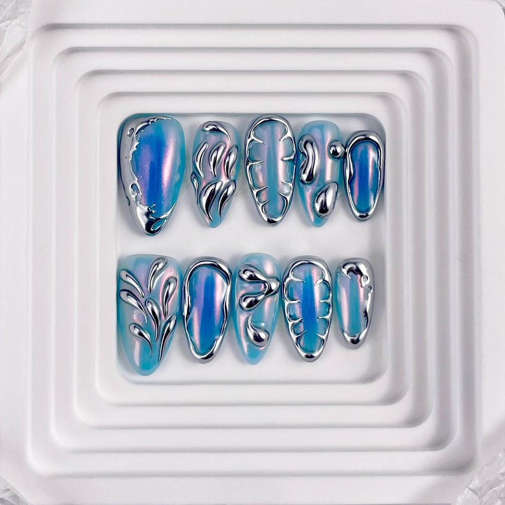 Rdntbeu Blue Ombre Press-On Nails - Medium Almond, 3D Glitter Chrome Design, Reusable Luxury Handmade Nails (Size L)