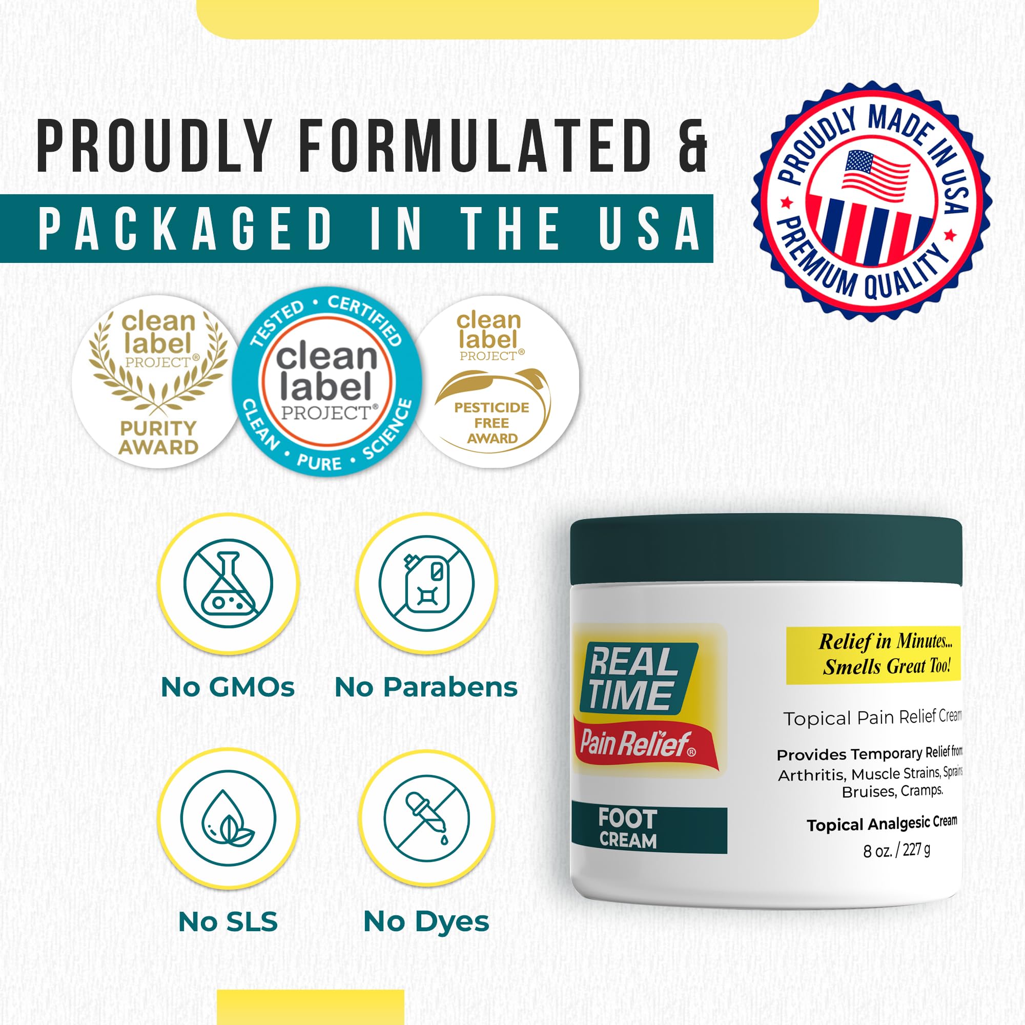Real Time Pain Relief Foot Cream 8oz – 15 Natural Ingredients with Menthol 1.5%, Tea Tree & Emu Oil