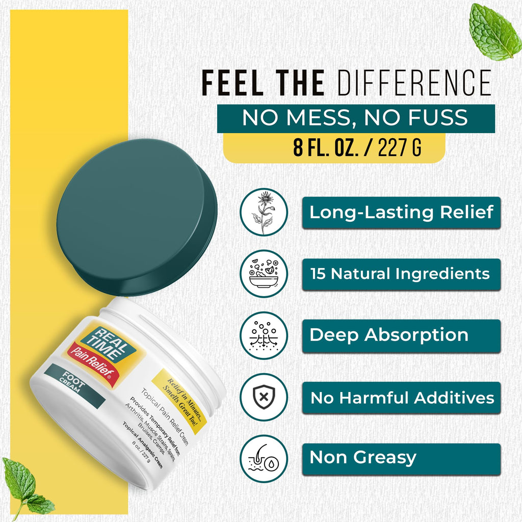 Real Time Pain Relief Foot Cream 8oz – 15 Natural Ingredients with Menthol 1.5%, Tea Tree & Emu Oil