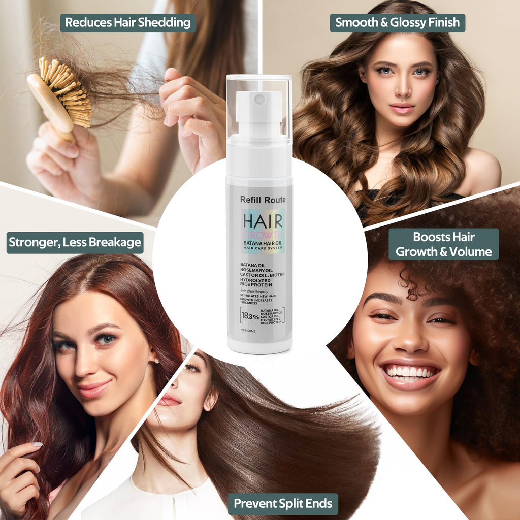 Refill Route Batana Oil Hair Growth Spray – Natural Vegan Hair Regrowth with Rice Water, Biotin & Rosemary