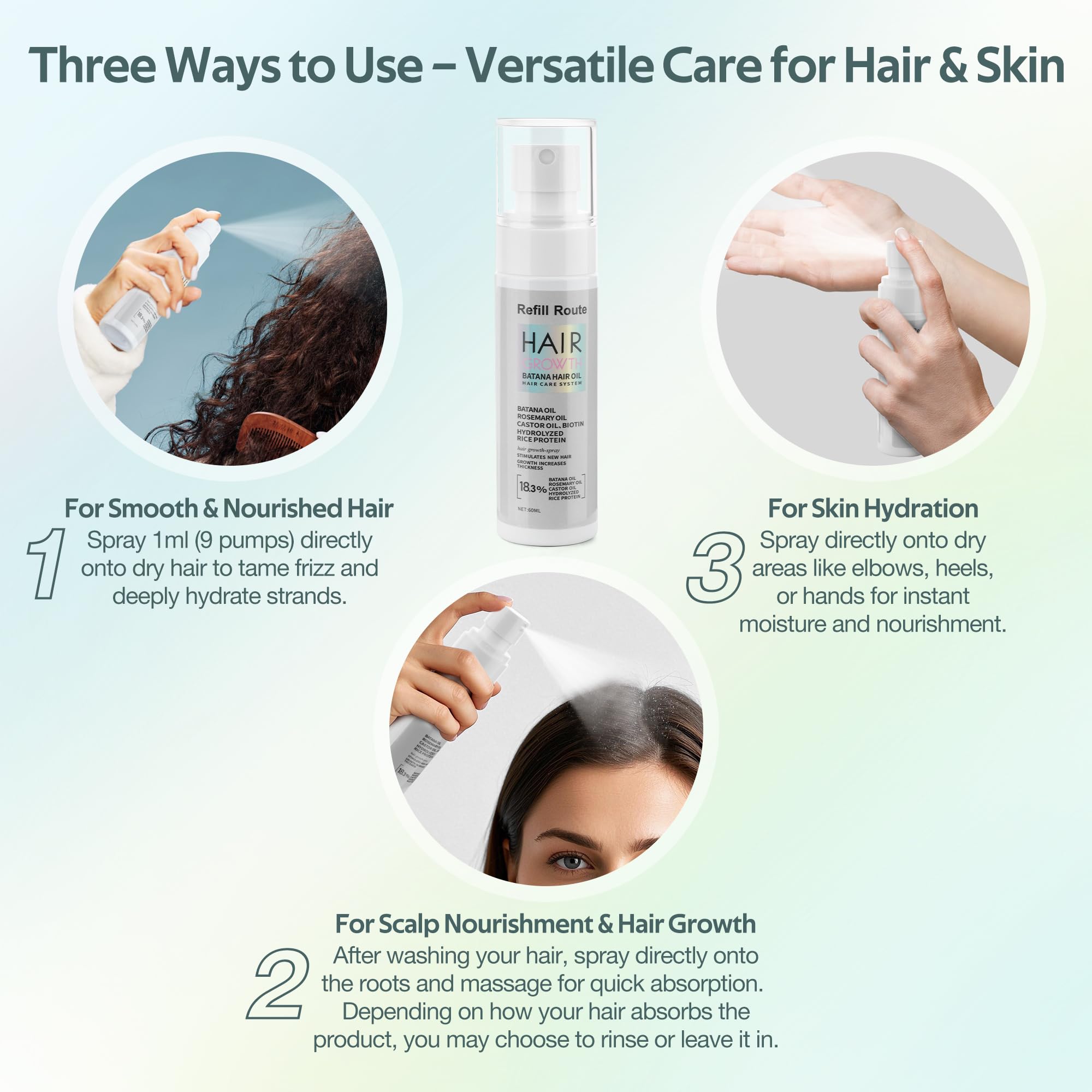 Refill Route Batana Oil Hair Growth Spray – Natural Vegan Hair Regrowth with Rice Water, Biotin & Rosemary