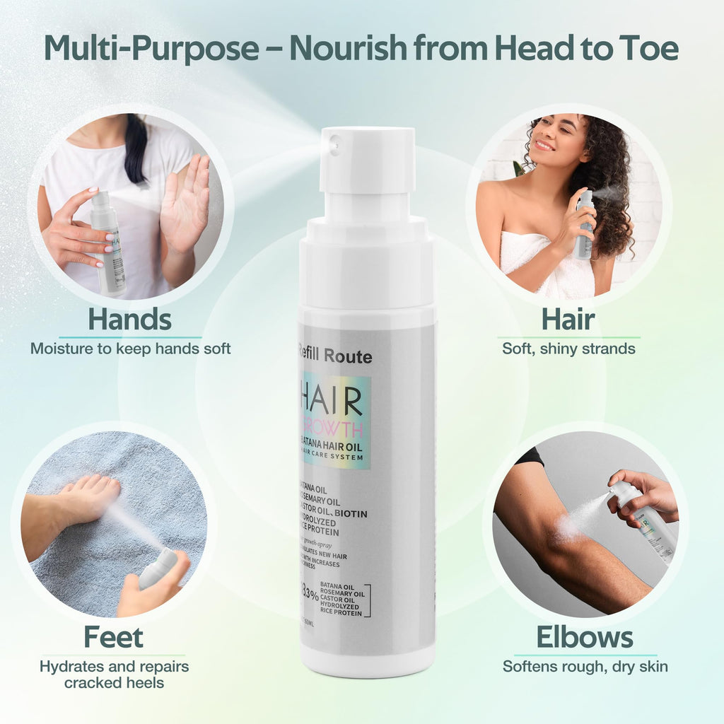 Refill Route Batana Oil Hair Growth Spray – Natural Vegan Hair Regrowth with Rice Water, Biotin & Rosemary