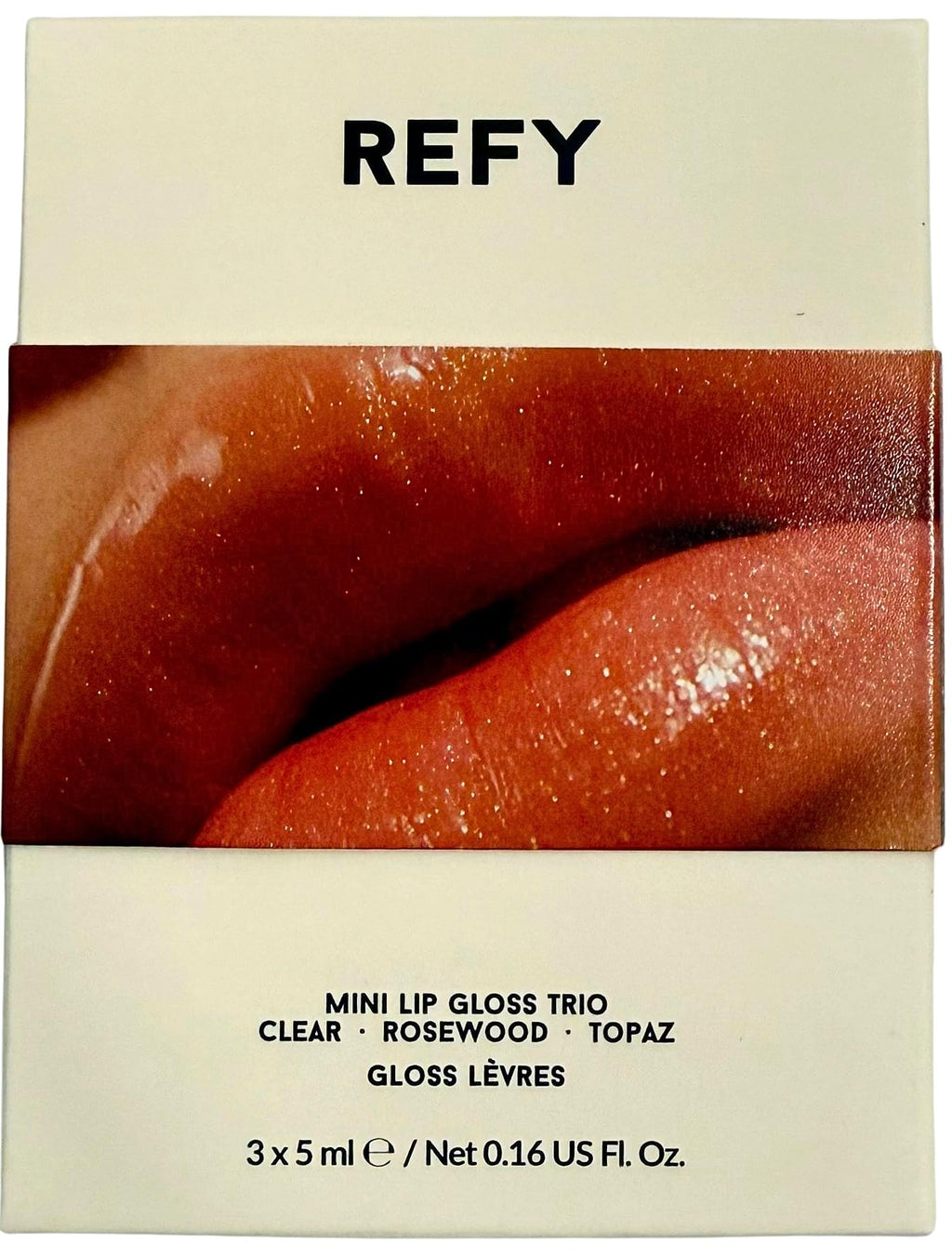 REFY Mini Lip Gloss Trio – Clear, Rosewood & Topaz | Hydrating Non-Sticky Shine